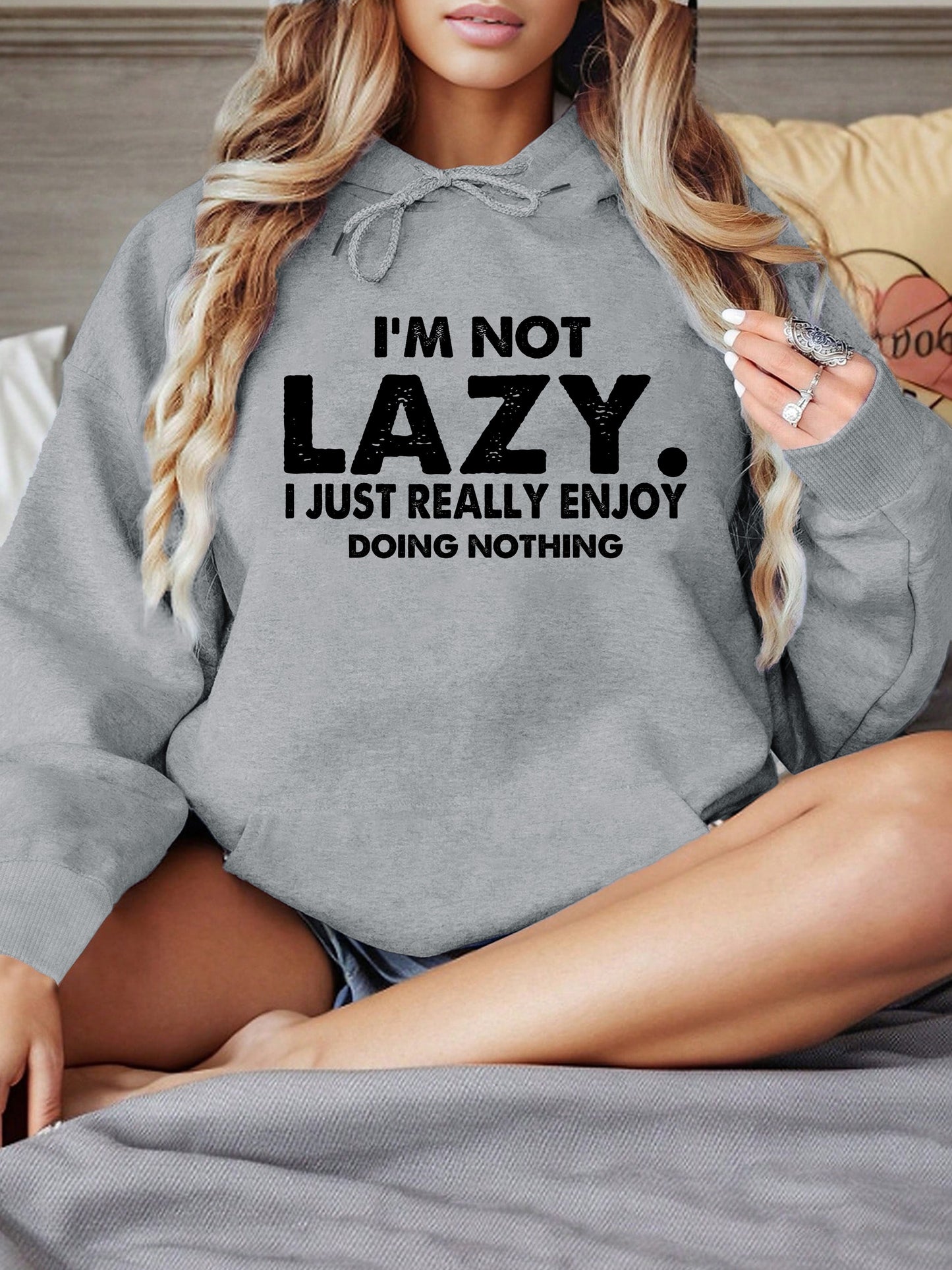I'm Not Lazy Print Hoodie, Casual Long Sleeve Kangaroo Pocket Drawstring Hoodie Sweatshirt, Women's Clothing