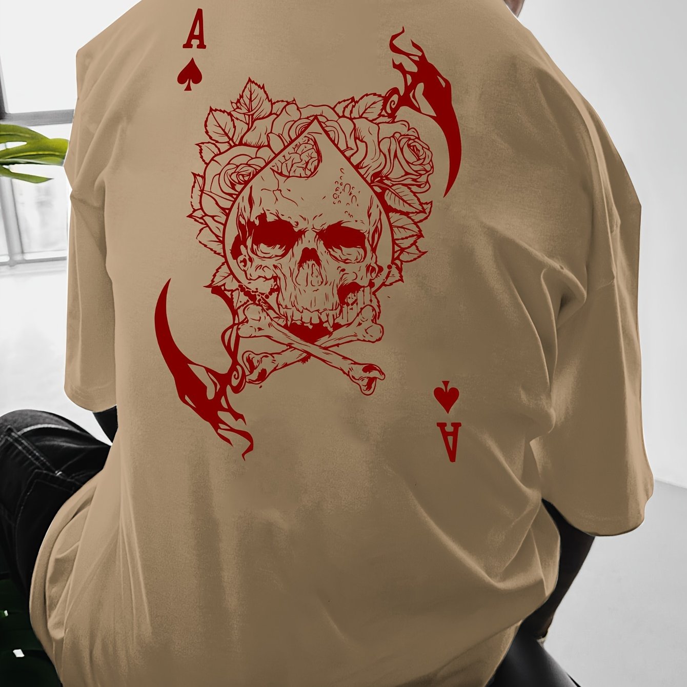 Men's Casual Hip-Hop Street Style Death Skull Ace of Spades Print T-Shirt - Loose Fit, Round Neck, Polyester Knit Fabric, Summer Collection