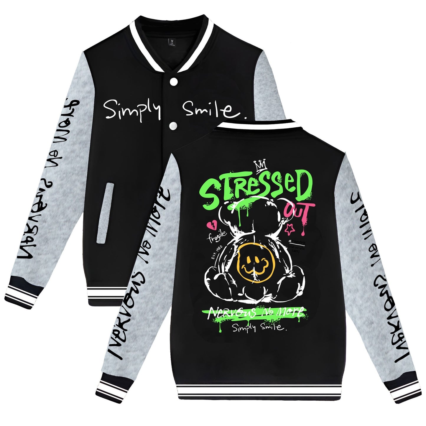 Men's Trendy Bear-Themed Varsity Jacket - Lightweight, Warm Fleece-Lined Baseball Coat with Pockets, Machine Washable