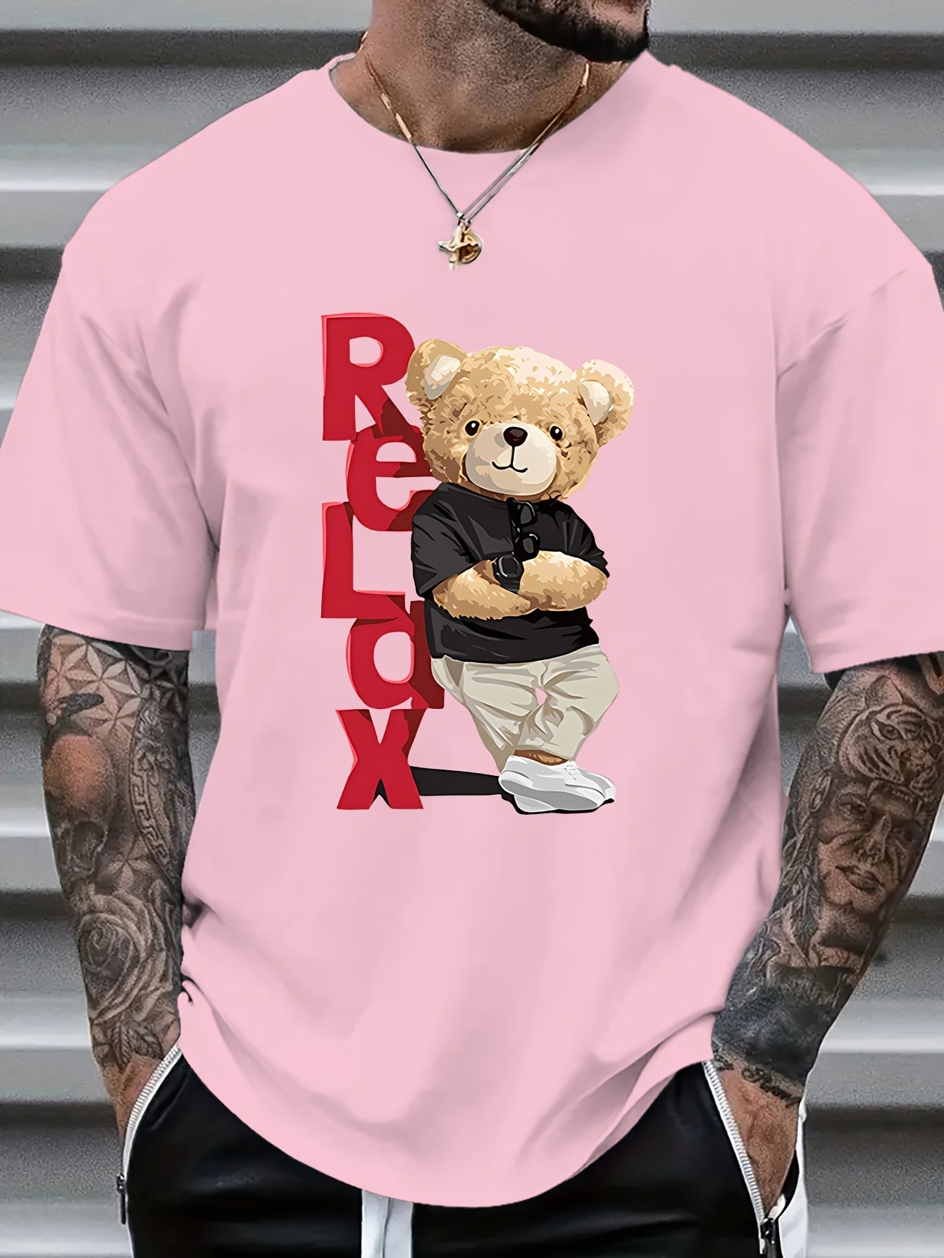 Men's Trendy Bear Print Short Sleeve T-Shirt - Comfortable Polyester Blend, Round Neck, Machine Washable for Summer, Leisure Style, Conventional Version, Summer