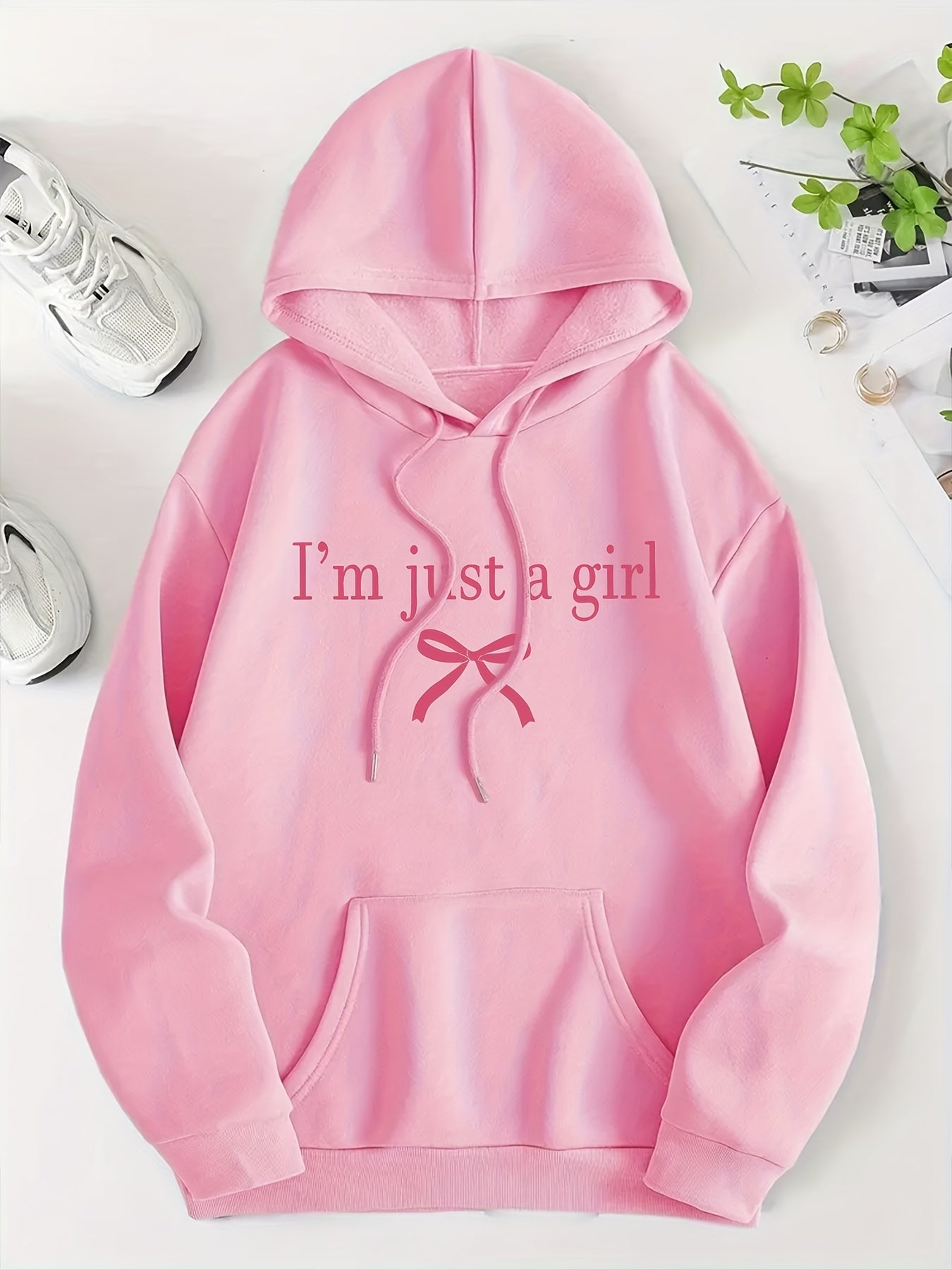 Women'S Casual Letter & Bow Print Hoodie, Polyester Stretch Fabric, Regular Fit with Kangaroo Pocket, Fashionable Pullover Sweatshirt for Adults, Winter Knitwear
