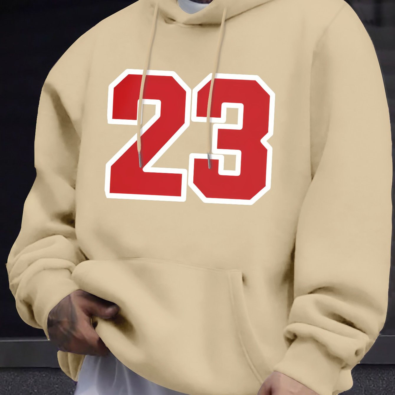 Men's Casual Hooded Sweatshirts with Geometric Number Pattern - Knit Fabric Polyester Blend with Slight Stretch, Hoodie for Spring/Fall Season - Regular Fit Pullover with Hood - Polyester 95%, Elastane 5%