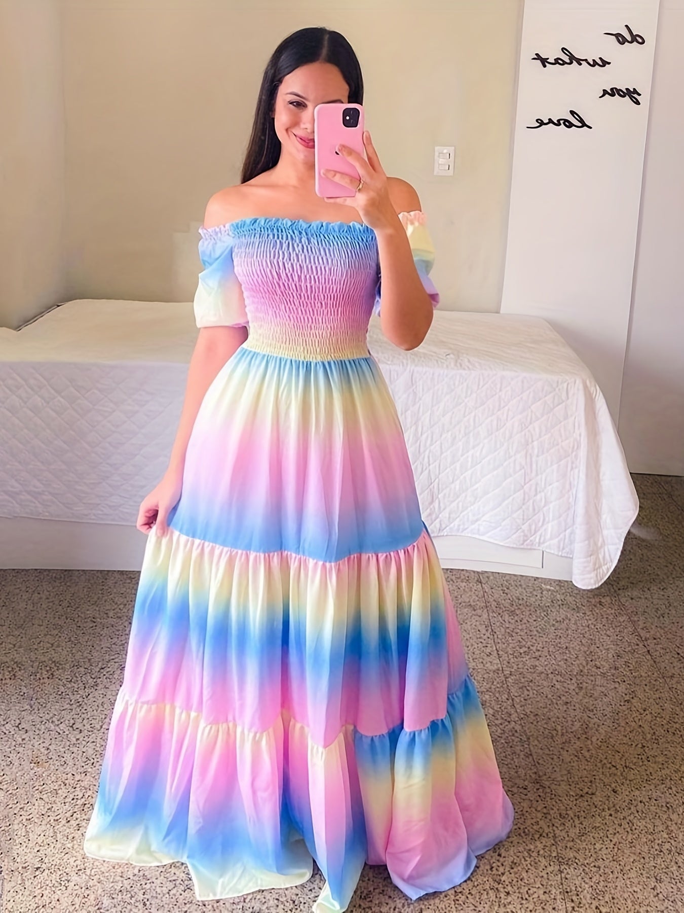 Gradient Print Tiered Dress, Casual Off Shoulder Shirred Party Dress, Women's Clothing