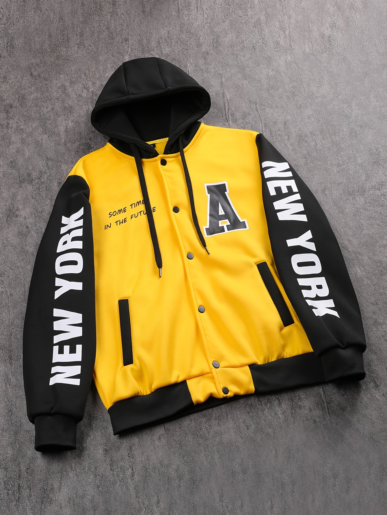 1pc Men'S Casual Knit Fabric Hooded Jacket with Letter Print, Long Sleeve, Snap Closure, Pocket Detail, No Lining - Daily & Casual Wear Baseball Style Hoodie
