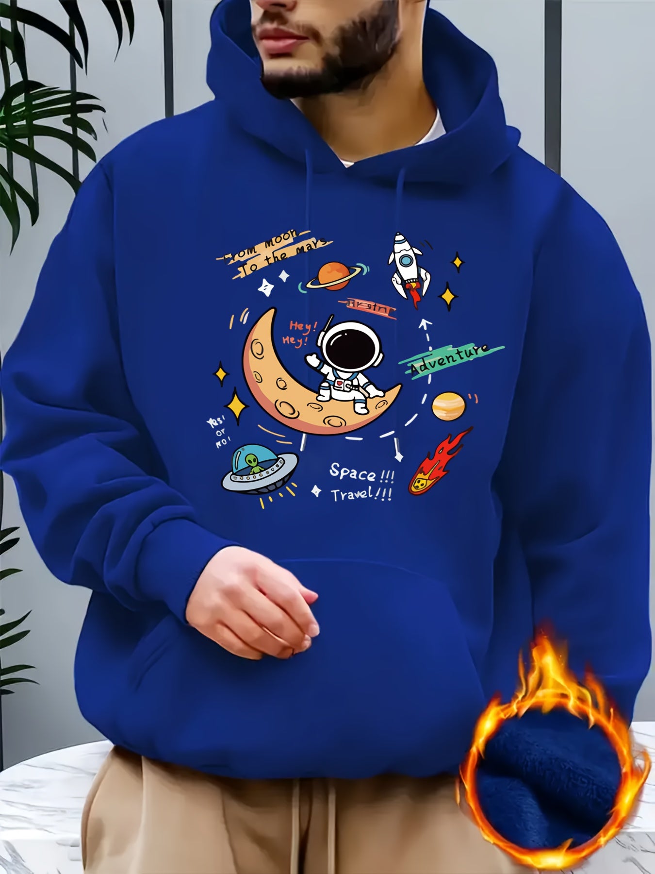 Men's Space Explorer Hoodie - Casual & Comfy Polyester Drawstring Sweatshirt with Astronaut & Planets Design, Perfect for Fall/Winter, Astronaut Decor