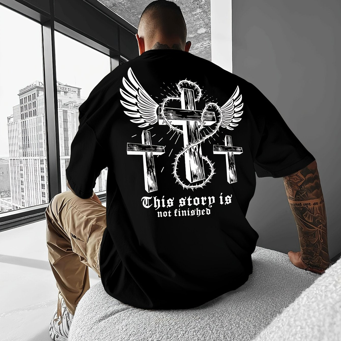 Y2K-Inspired Men's T-Shirt with Winged Cross Design - Casual Streetwear, Breathable Polyester, Summer Outdoor Fashion