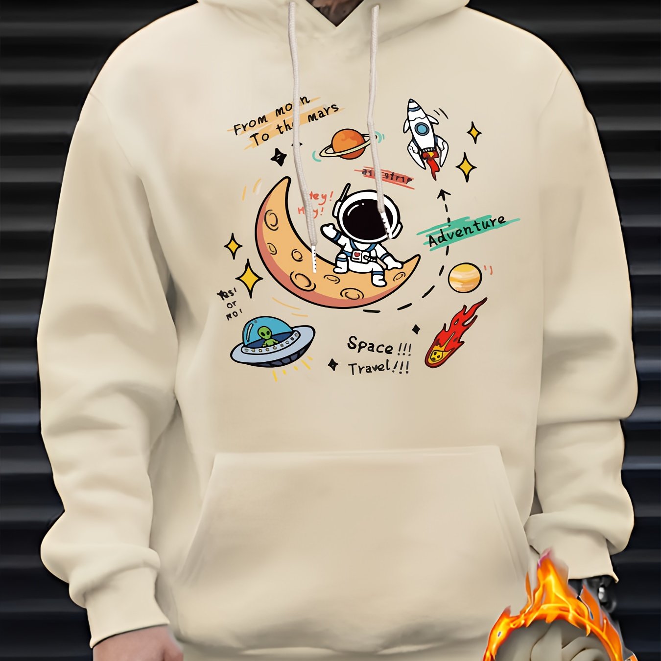 Men's Space Explorer Hoodie - Casual & Comfy Polyester Drawstring Sweatshirt with Astronaut & Planets Design, Perfect for Fall/Winter, Astronaut Decor