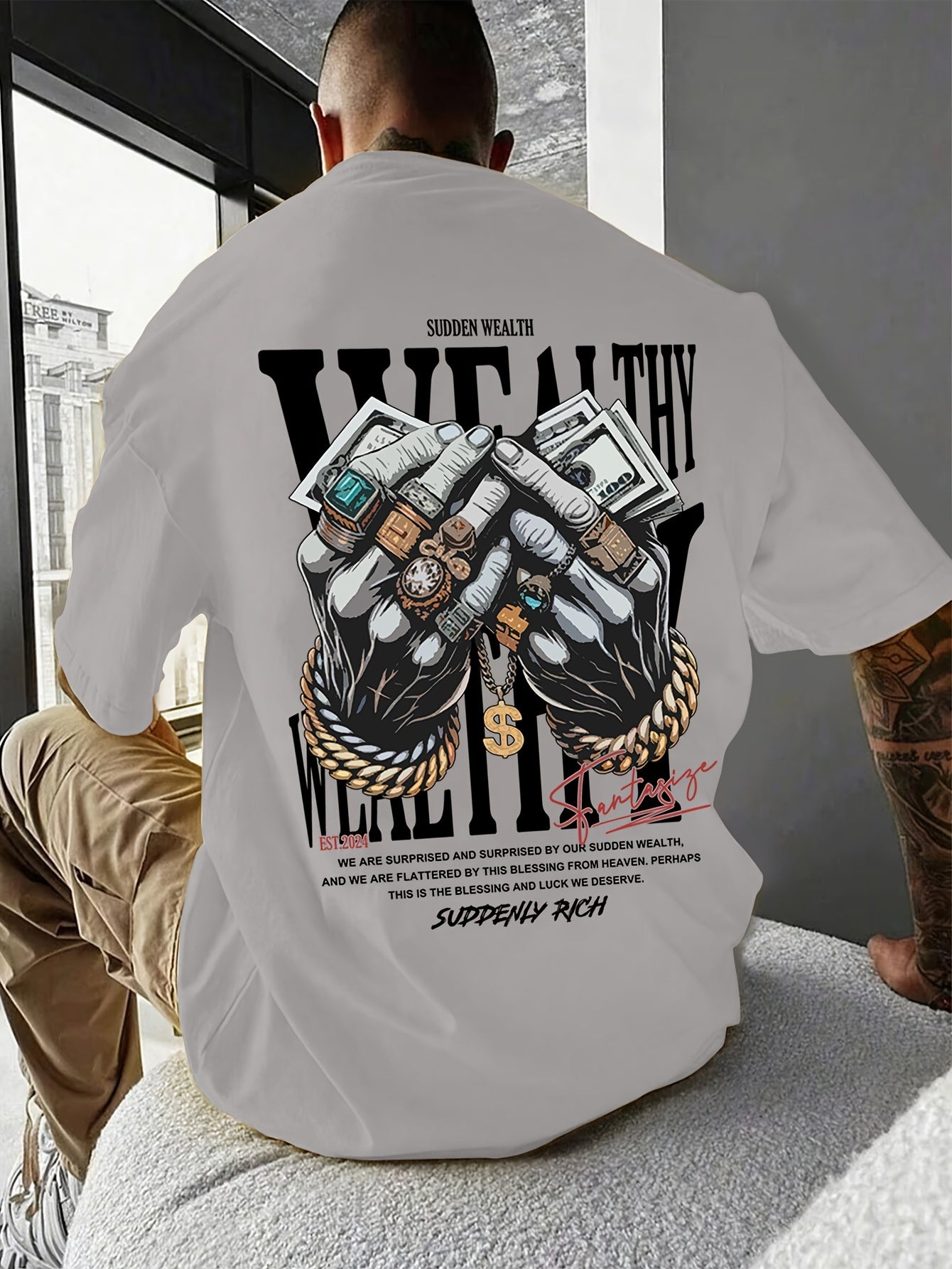 Men's Casual Graphic Tee with Unique Hand Jewelry Design - Soft Polyester Blend, Stretch Fit, Machine Washable - Perfect for Summer Outings