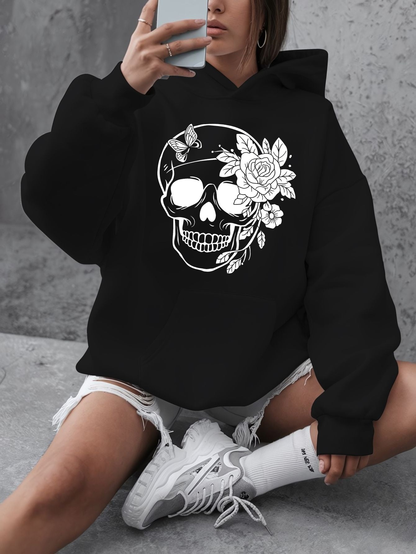 1pc Women'S Plus Size Casual Hoodie with Floral Skull Print, Polyester Knit Sweatshirt, Long Sleeve Pullover with Pockets, Letter Pattern, Round Neck Hooded Top, with Autumn/Winter Fashion