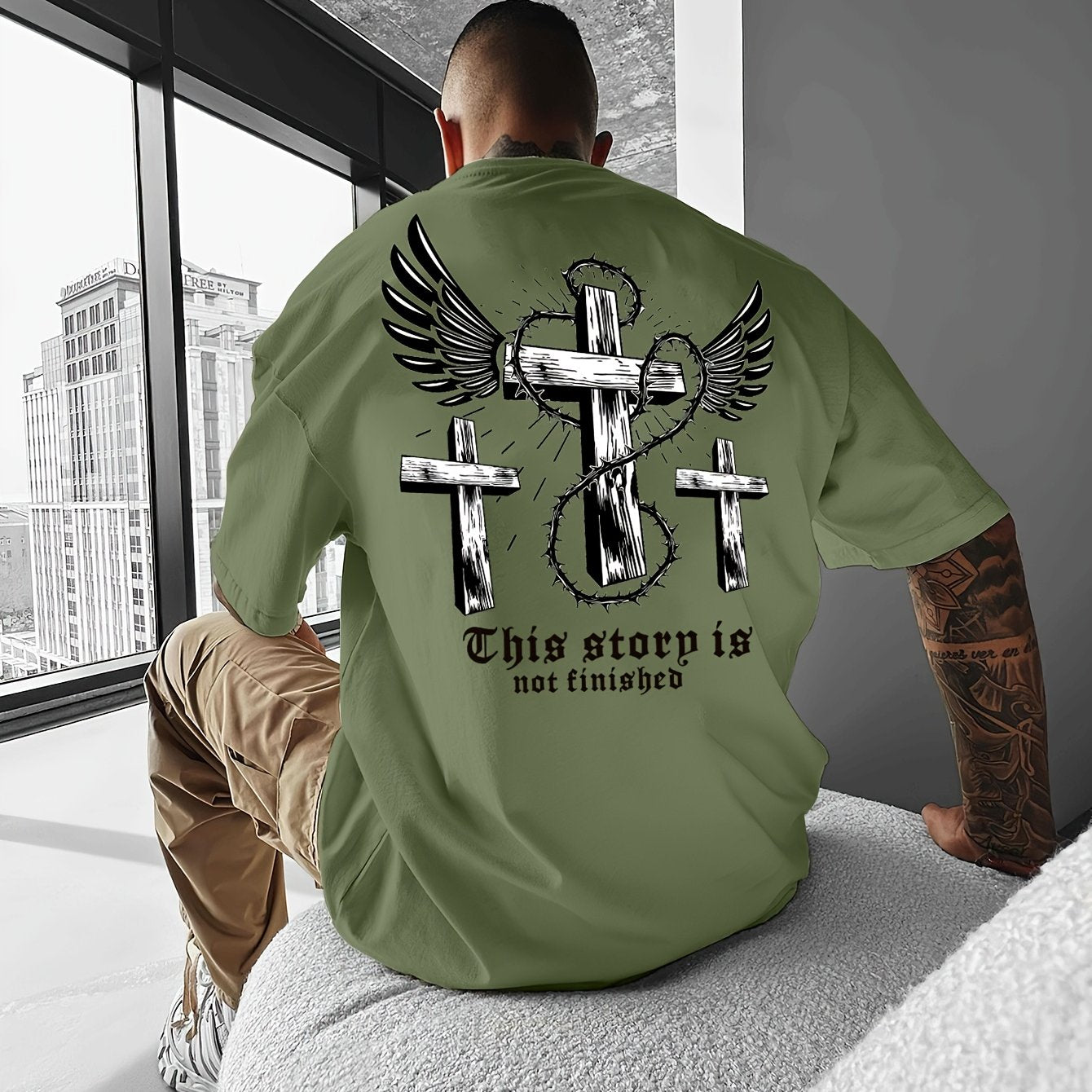 Y2K-Inspired Men's T-Shirt with Winged Cross Design - Casual Streetwear, Breathable Polyester, Summer Outdoor Fashion