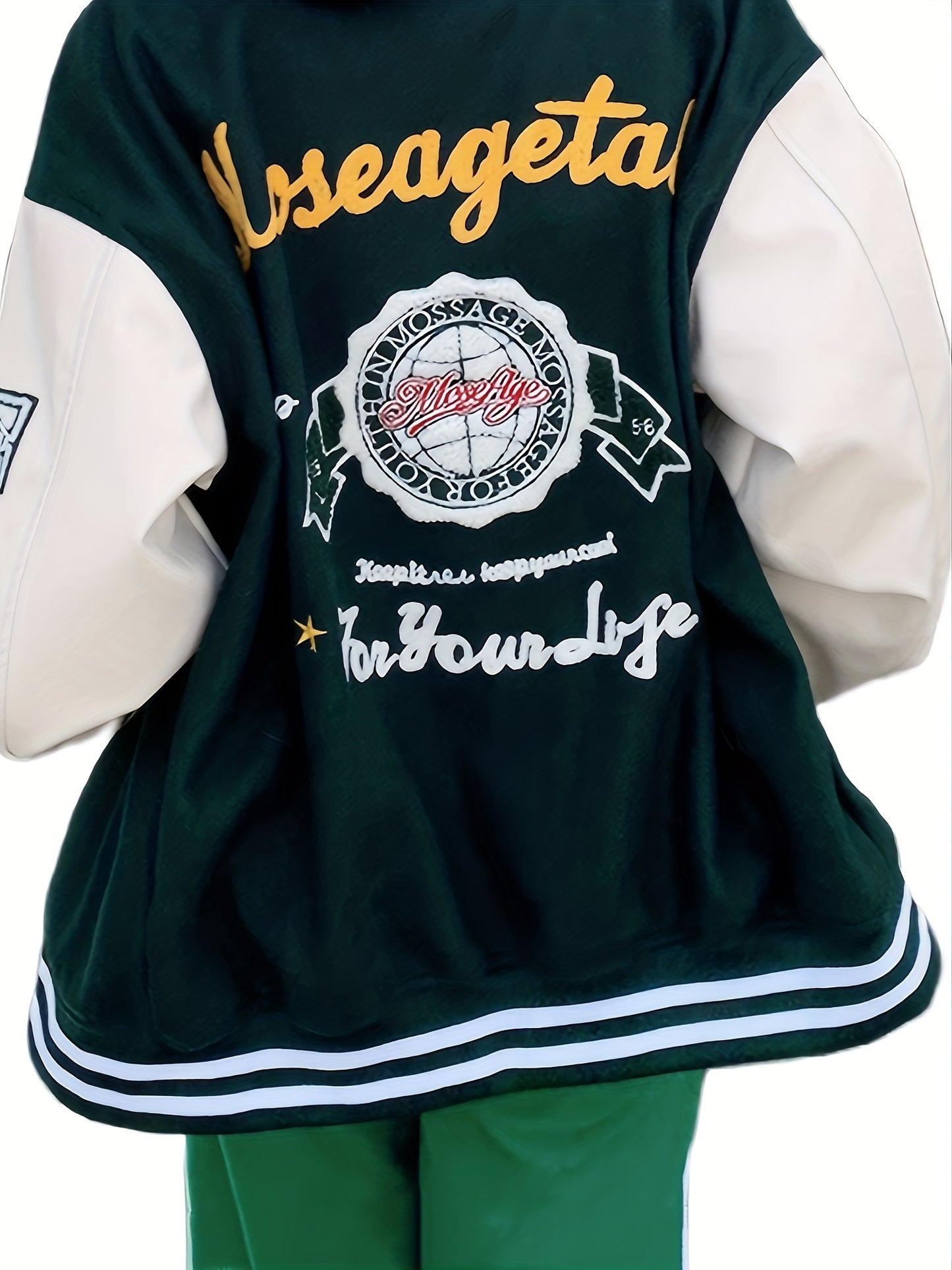 Embroidery Varsity Jacket, Men's Casual Color Block Button Up Jacket For Spring Fall School Baseball