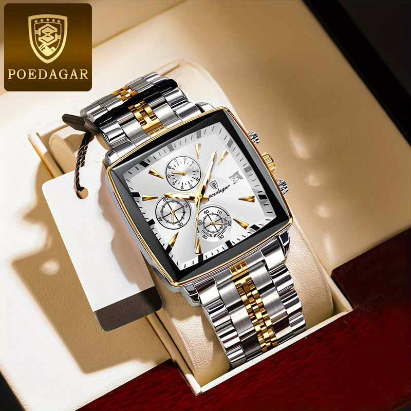 POEDAGAR Men'S Business Quartz Watch, Stainless Steel Square Dial, Luminous Hands, Date Calendar, Battery Powered, with Non-Rechargeable Button Battery, for Thanksgiving & Christmas Gifts, Water Resistant
