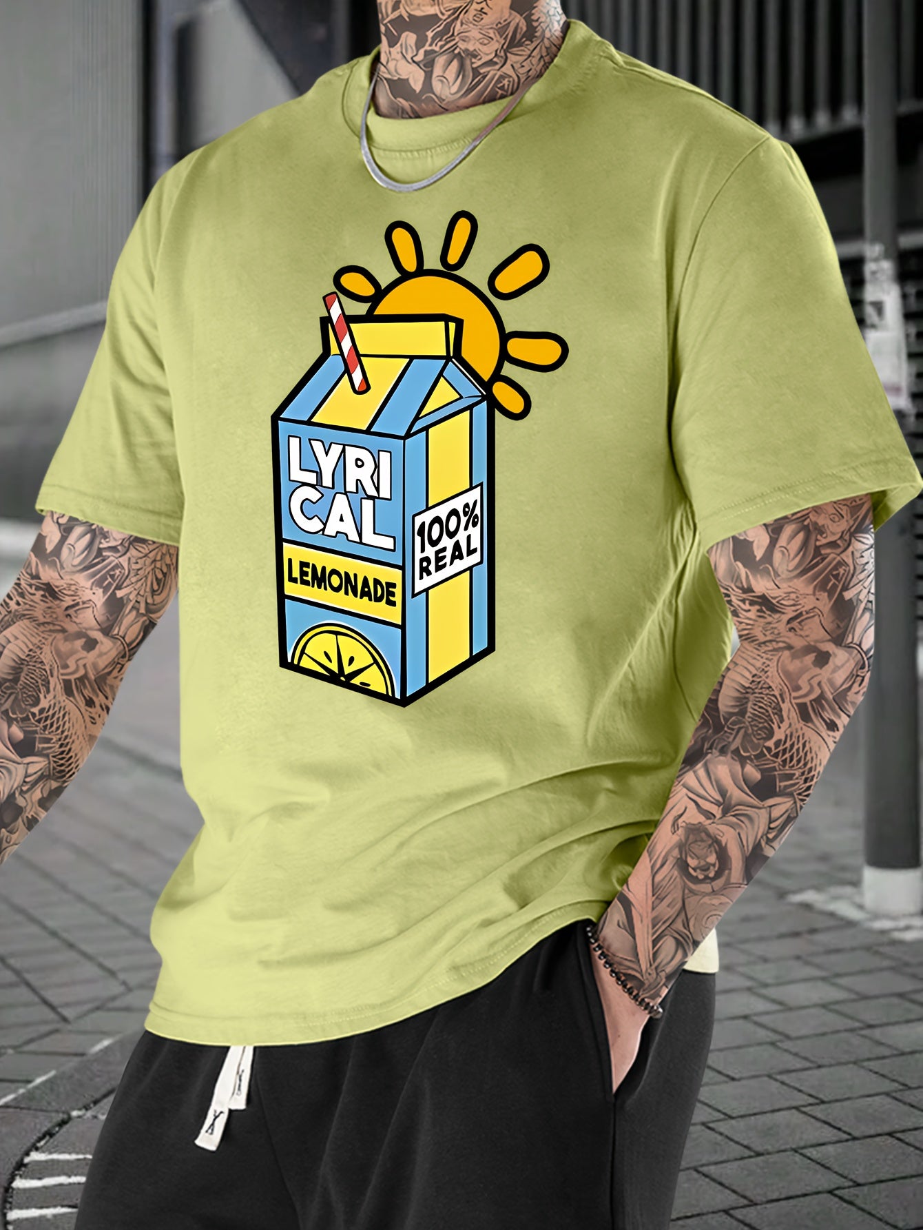 Lemonade Print, Men's Crew Neck Short Sleeve Fashion T-Shirt, Casual Comfy Top For Spring & Summer Holiday Leisure Vacation, Men's Clothing As Gift