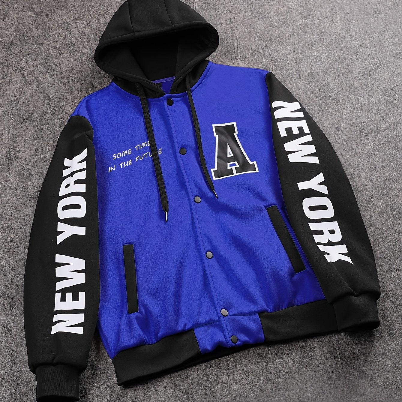 1pc Men'S Casual Knit Fabric Hooded Jacket with Letter Print, Long Sleeve, Snap Closure, Pocket Detail, No Lining - Daily & Casual Wear Baseball Style Hoodie