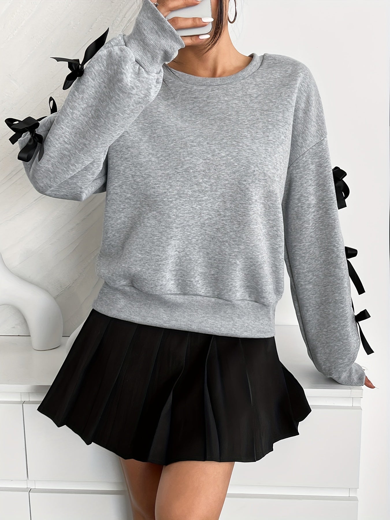 Women'S Elegant Solid Color Crew Neck Sweatshirt with Bow Detail, 100% Polyester Knit Fabric, Long Sleeve, Regular Length, Fall Fashion Top - 240gsm