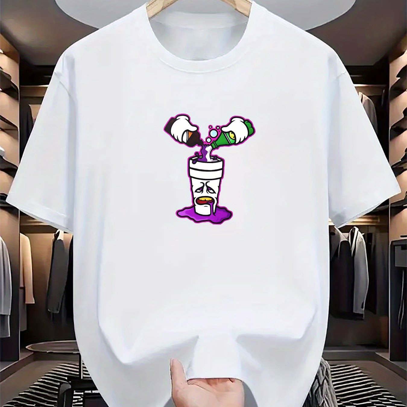 Men's Casual Summer Tee - Purple Drink Print, Short Sleeve, Crew Neck, Stretch Fabric, Machine Washable, Regular Fit T-Shirt for Casual Attire