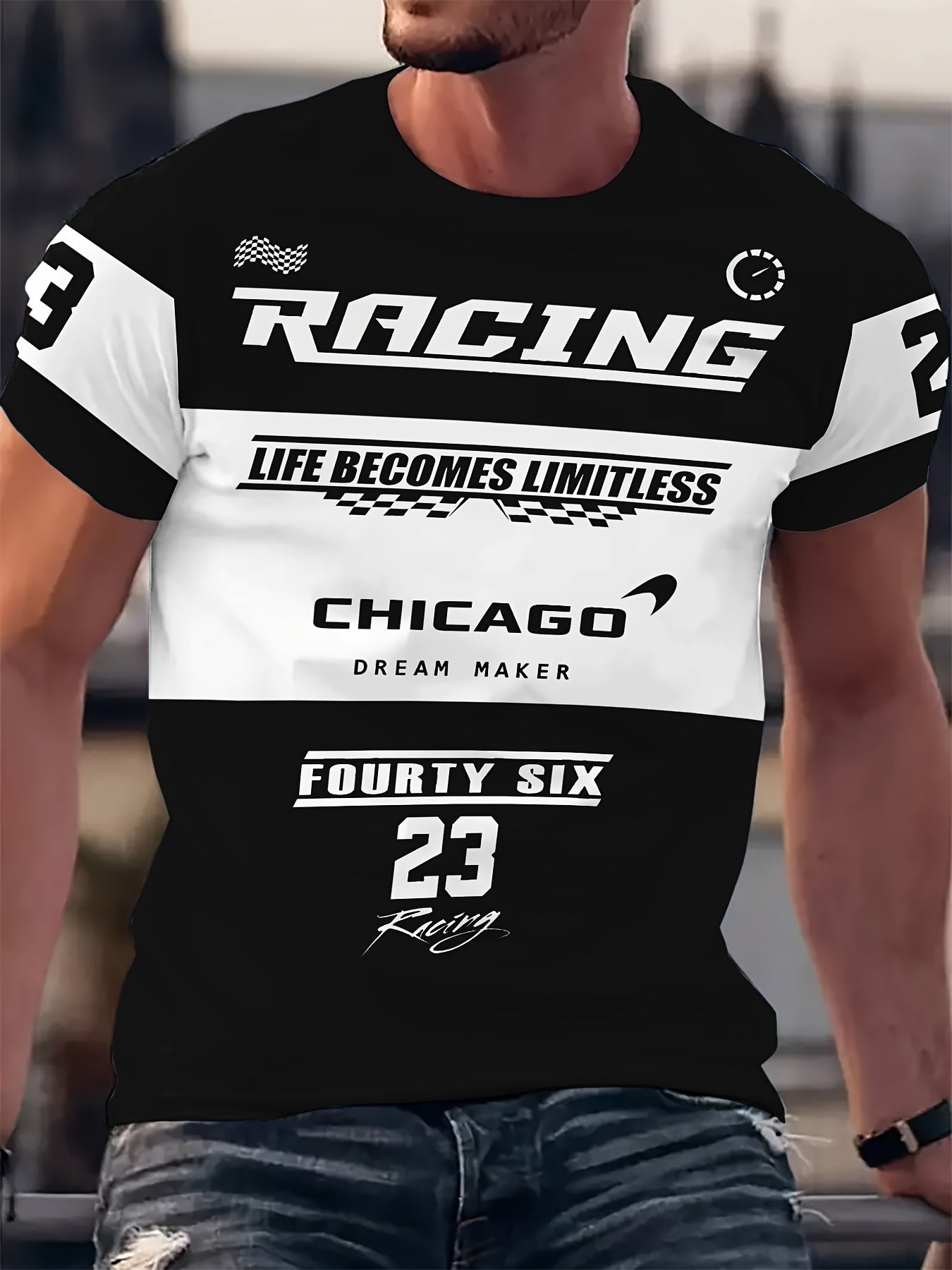 Men's Casual Graphic T-Shirt With Racing Digital Print, Polyester Fiber, Relaxed Fit, Round Neck, Breathable And Soft