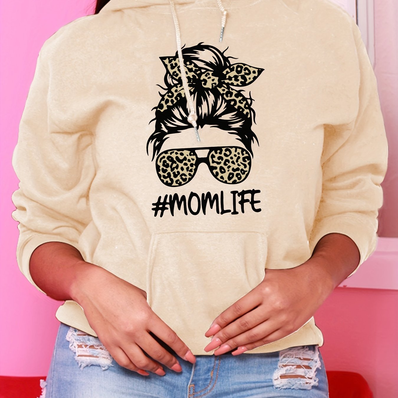 Stylish Women's Beige Hoodie with Leopard & Fashion Glasses Print - Casual, Loose-Fit Polyester Sweatshirt with Drawstring & #MomLife Graphic for All Seasons