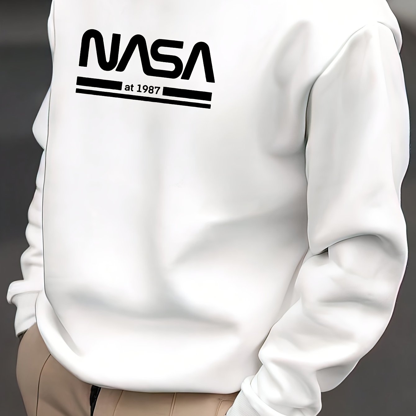 Thin European and American Men's Casual Sports Style Round Neck Geometric Letters NASA1987 Pattern Print Hoodie
