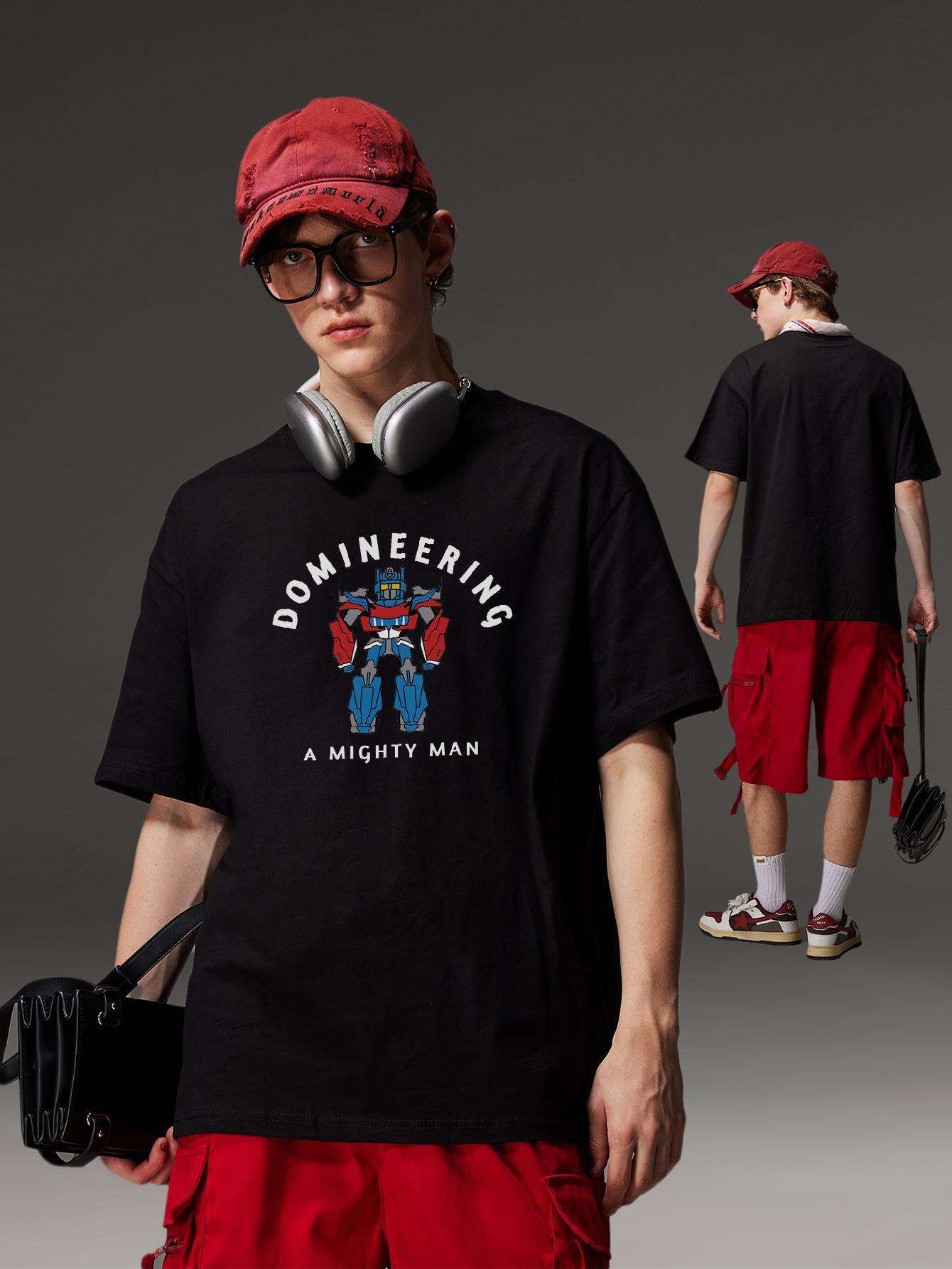 PRIVATHINKER "Domineering A Mighty for Man" Graphic Tee - 100% Cotton, Oversized Casual Hip Hop Style, Short Sleeve T-Shirt with Robot Print, Summer Streetwear for Men and Women