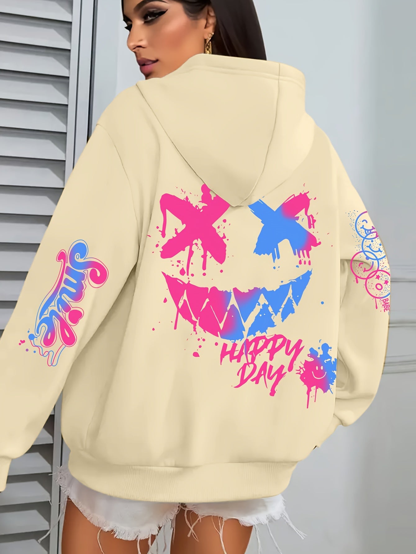 1pc Street Style Graffiti Print Hoodie for Women, Plus Size Casual Polyester Sweatshirt with Letter Applique, Knitted Pullover with Drawstring Hood for Autumn/Winter