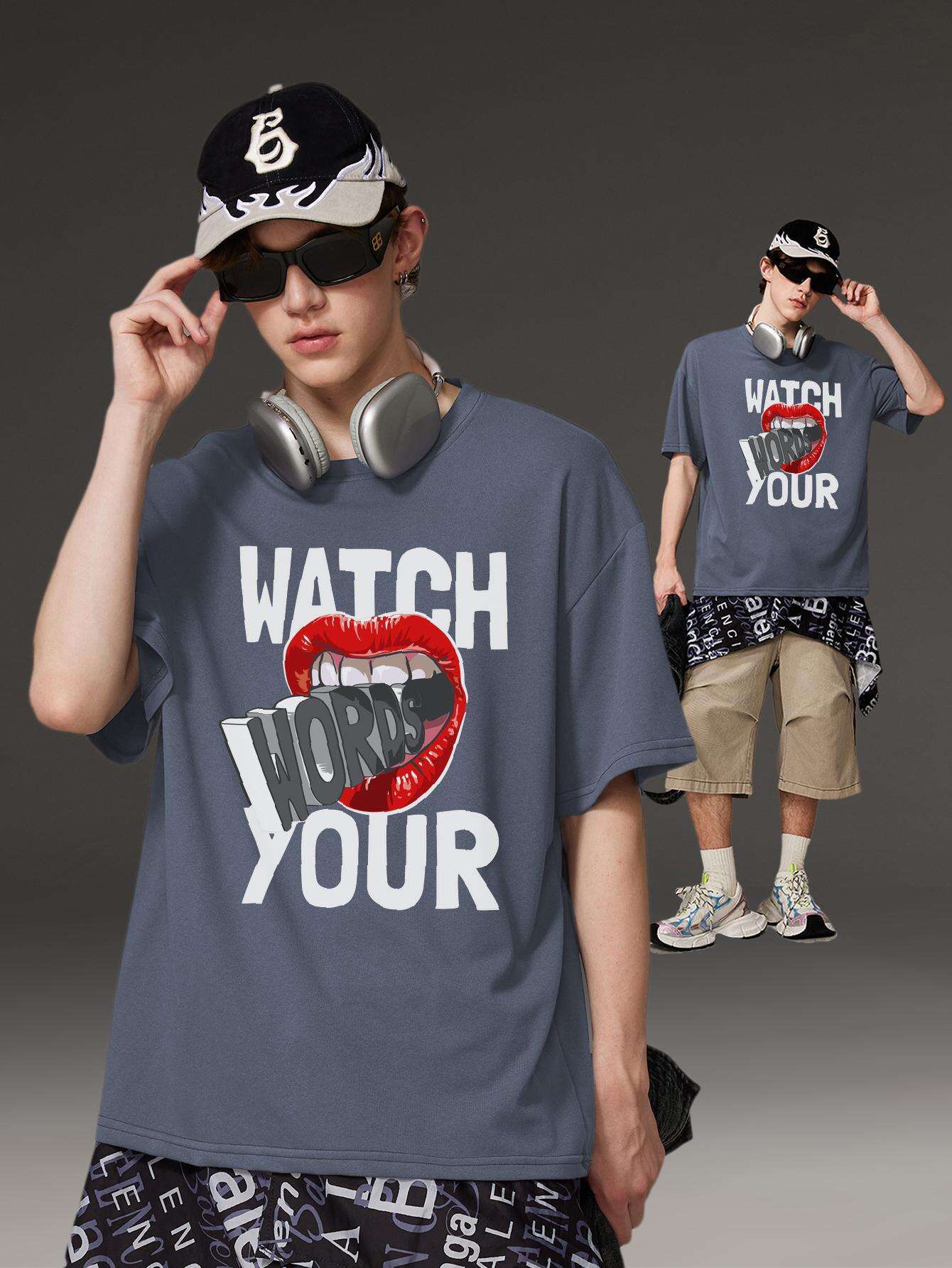 PRIVATHINKER "Watch Your Words" Graphic Tee for Men - Oversized, 100% Cotton, Short Sleeve, Casual Summer Streetwear with Red Lip & Lightning Bolt Design, Machine Washable