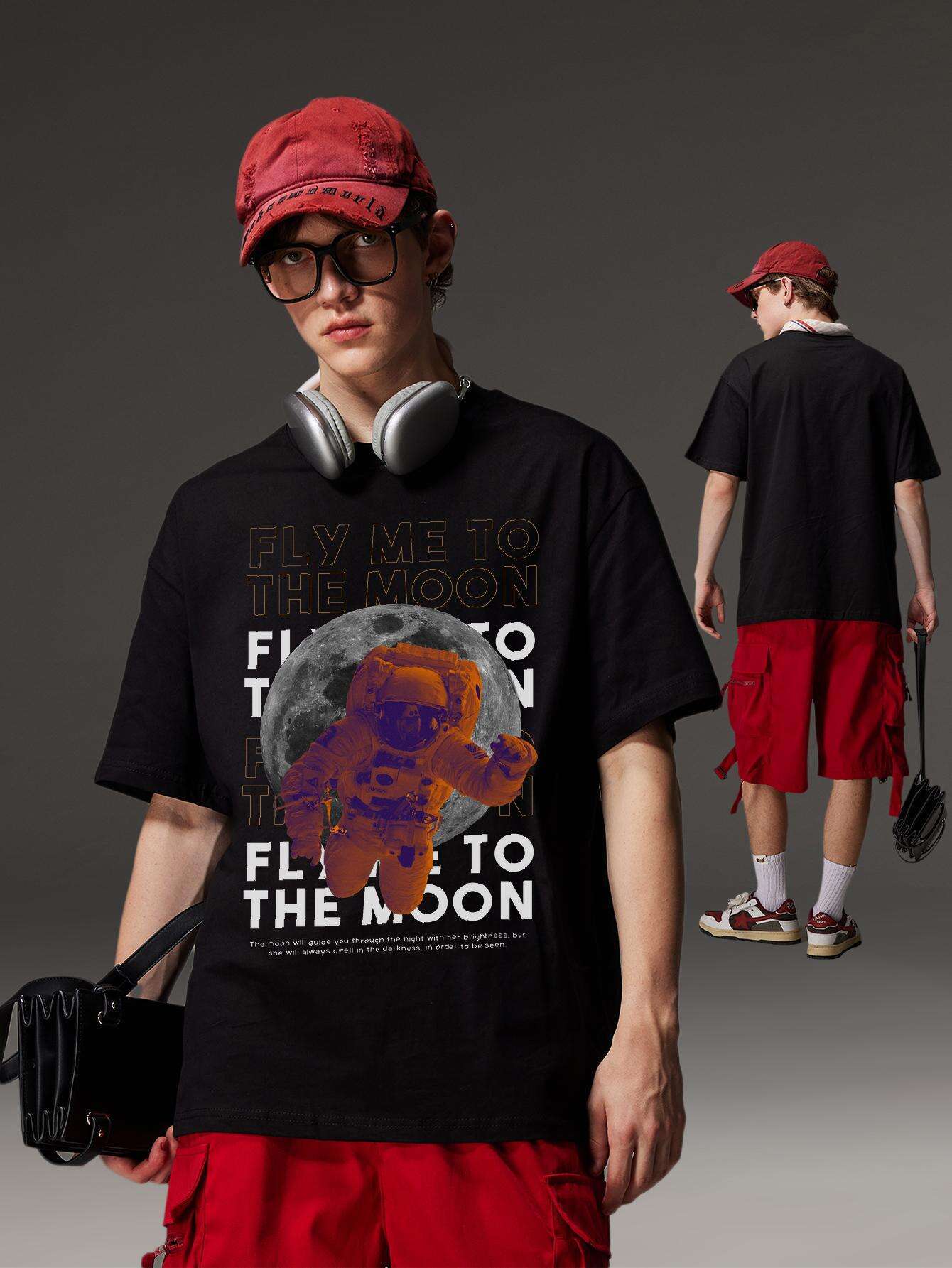 PRIVATHINKER Men's "Fly Me to The Moon" Graphic Tee - 100% Cotton, Oversized & Lightweight, Casual Summer Streetwear with Astronaut & Moon Design, Short Sleeve, Round Neck