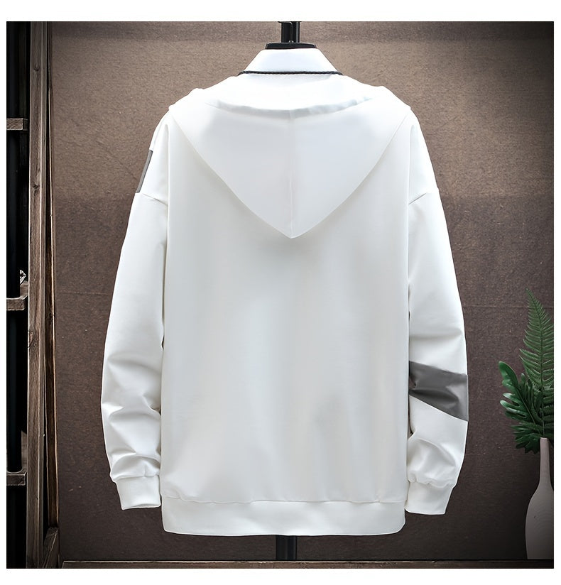 Men's Casual Hoodie with Geometric Print - Cozy & Warm Zip-Up Jacket for Fall/Winter, Polyester Blend, Young Fashion, Sports