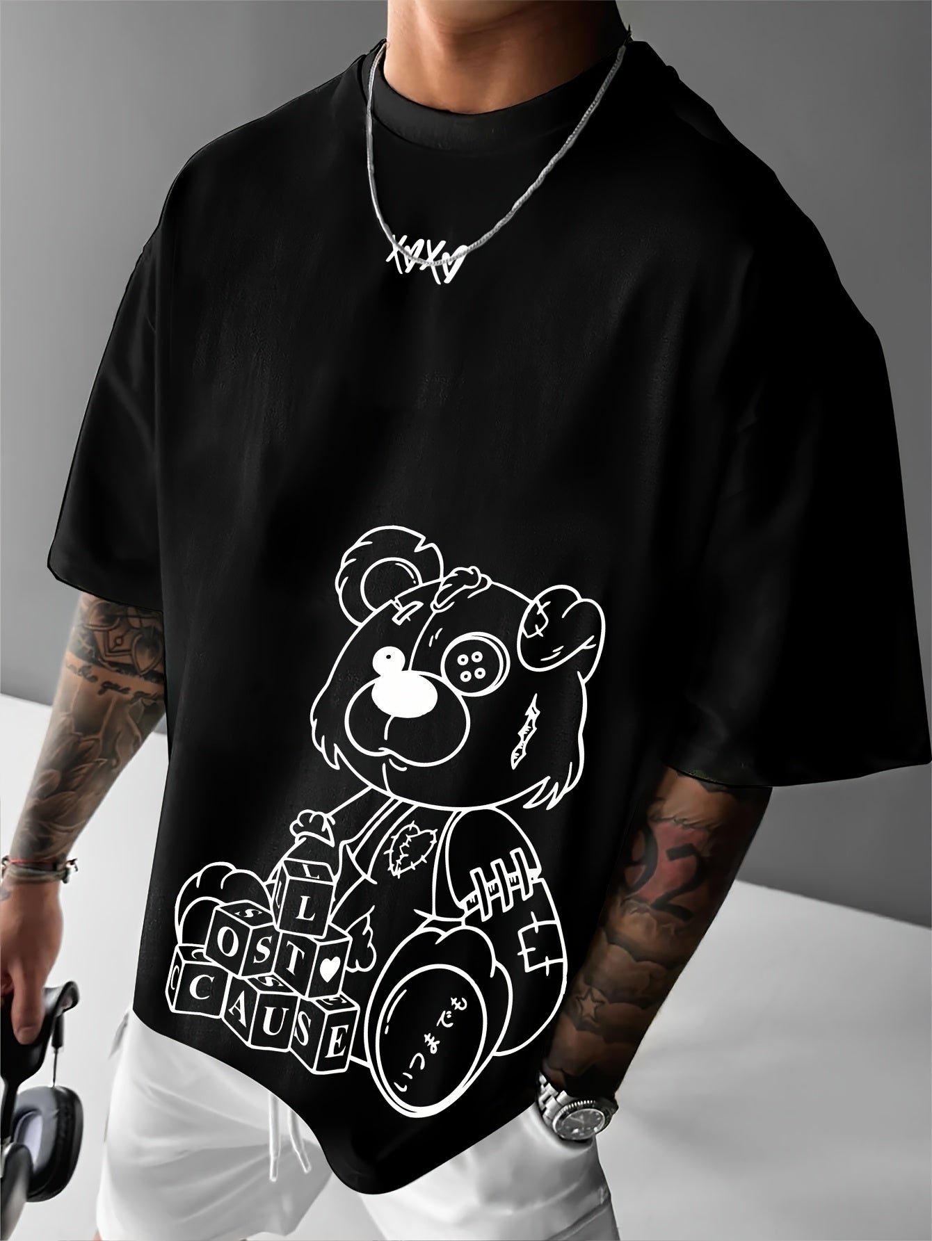 Men'S Casual Loose Short-Sleeve T-Shirt with a Bear Pattern Print.