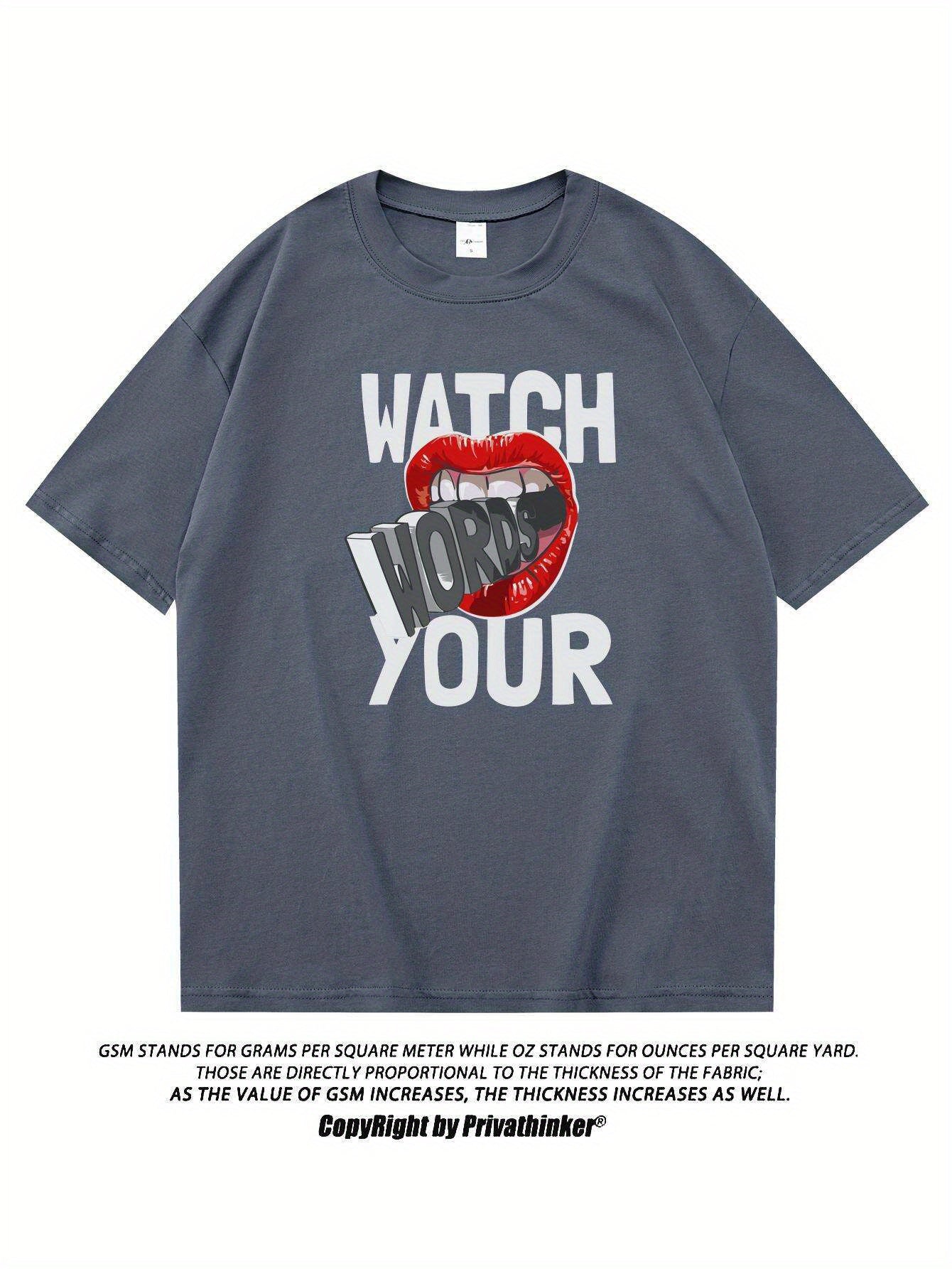 PRIVATHINKER "Watch Your Words" Graphic Tee for Men - Oversized, 100% Cotton, Short Sleeve, Casual Summer Streetwear with Red Lip & Lightning Bolt Design, Machine Washable