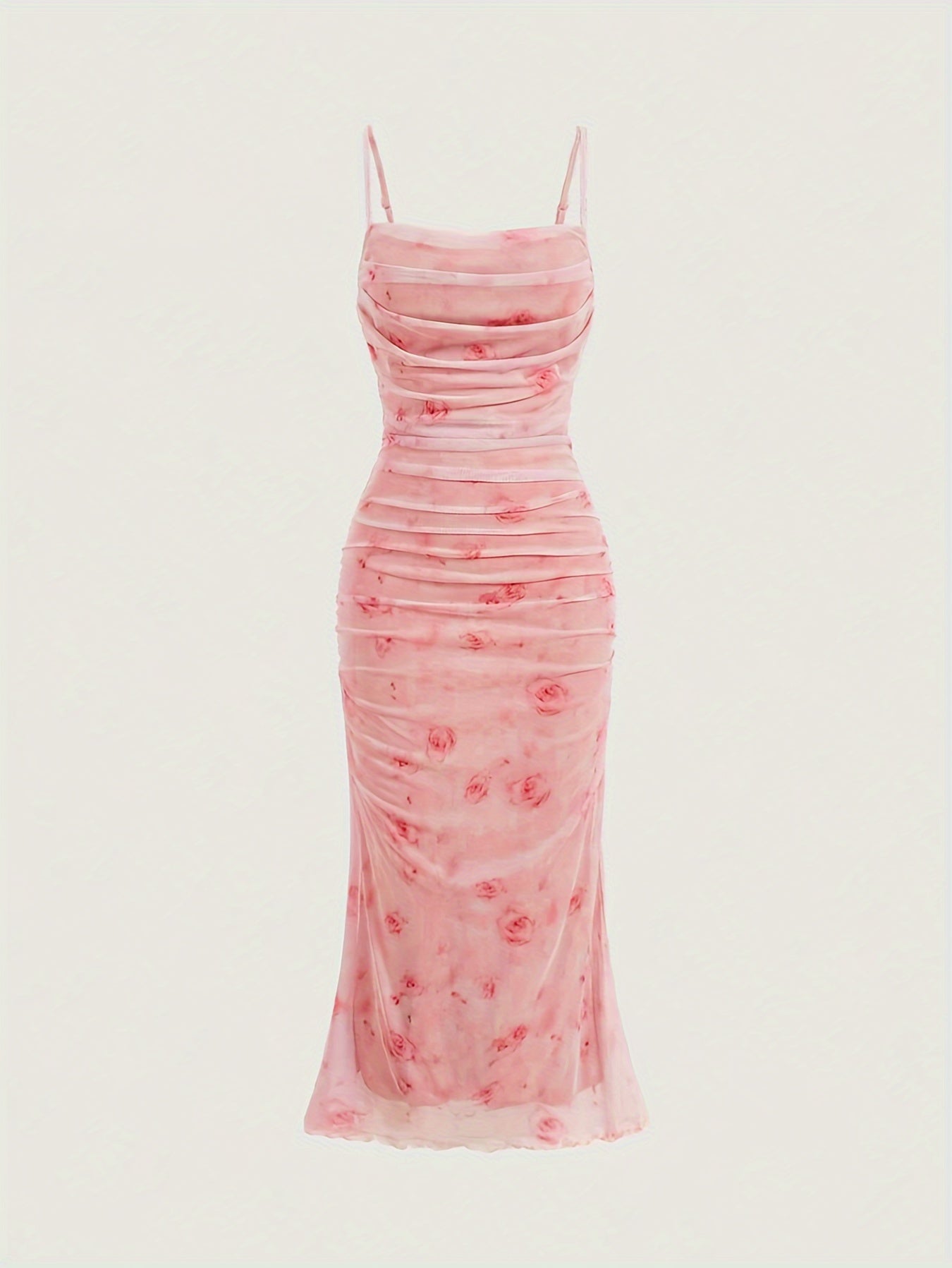 Floral Print Spaghetti Suspender Dress, Elegant Sleeveless Ruched Bodycon Cami Dress for Spring & Summer, Women's Clothing
