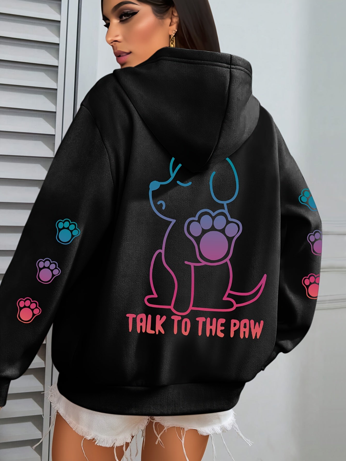 Women's Cozy Puppy Print Hoodie - Casual Long Sleeve with Kangaroo Pocket, Polyester Blend, Machine Washable - Perfect for Fall & Winter