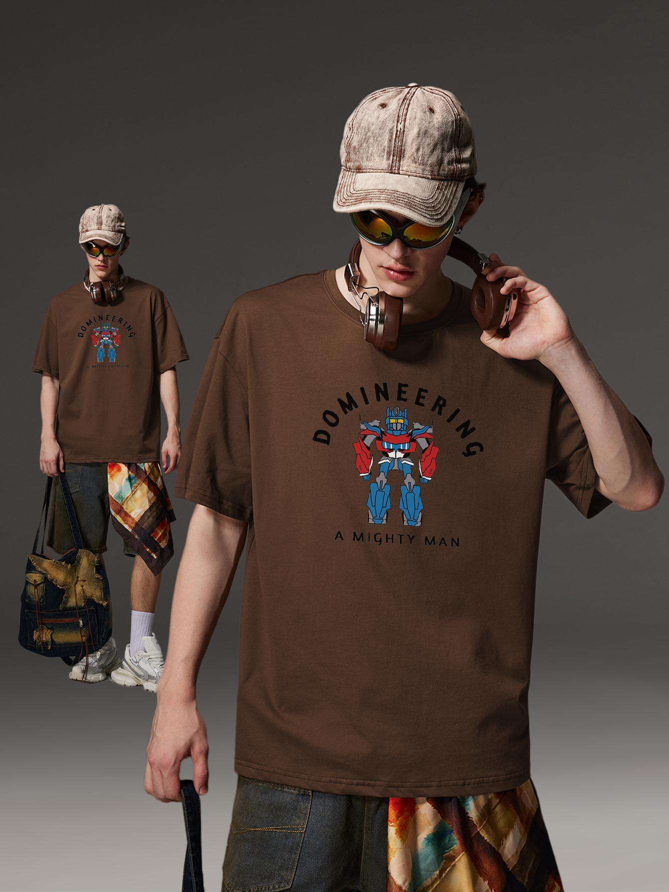 PRIVATHINKER "Domineering A Mighty for Man" Graphic Tee - 100% Cotton, Oversized Casual Hip Hop Style, Short Sleeve T-Shirt with Robot Print, Summer Streetwear for Men and Women