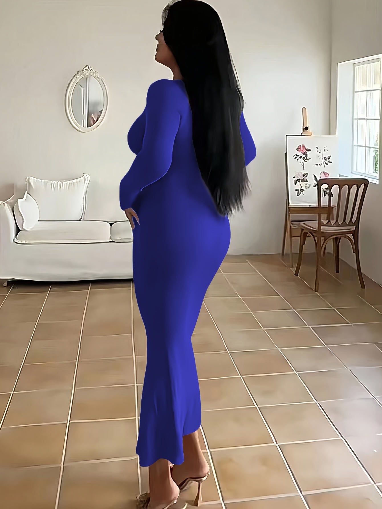Form-Fitting, Ultra-Long Women'S Autumn Dress with Long Sleeves, Square Neckline, A-Line Silhouette, And a Sexy, Tailored Fit.