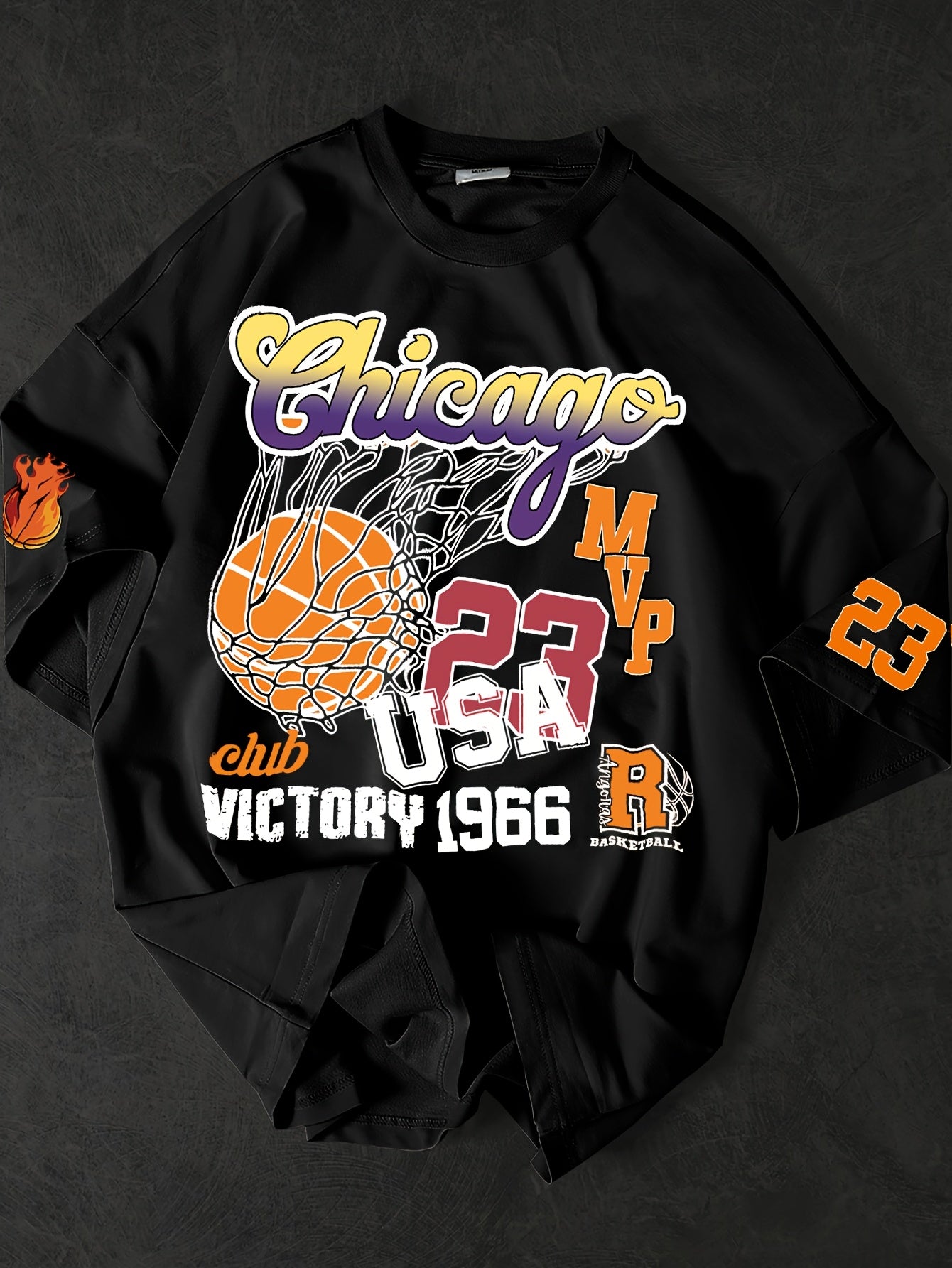 Men'S Casual Basketball Print Crew Neck T-Shirt, Polyester Knit Fabric, Loose Fit, with Slight Stretch, for Summer Tee