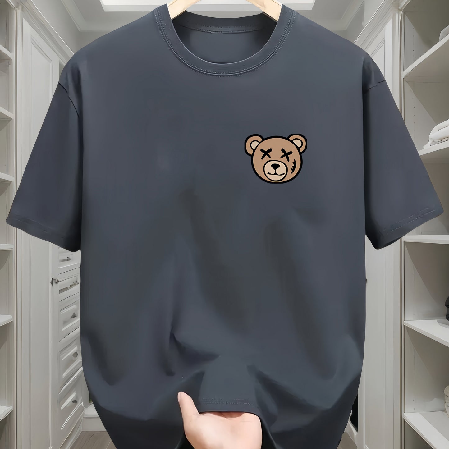 Men's Classic Black Cotton T-Shirt with Cute Bear Design - Casual, Comfortable Short Sleeve Crew Neck Tee, Machine Washable for All Seasons