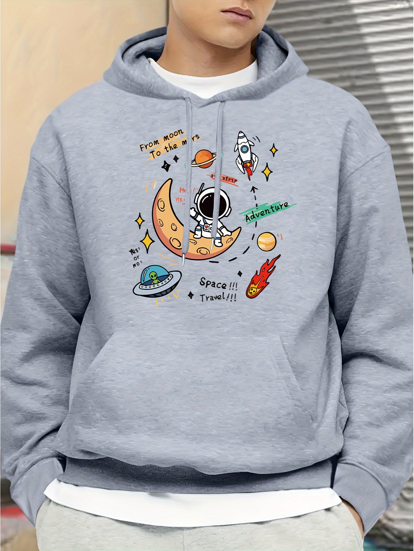Men's Space Explorer Hoodie - Casual & Comfy Polyester Drawstring Sweatshirt with Astronaut & Planets Design, Perfect for Fall/Winter, Astronaut Decor