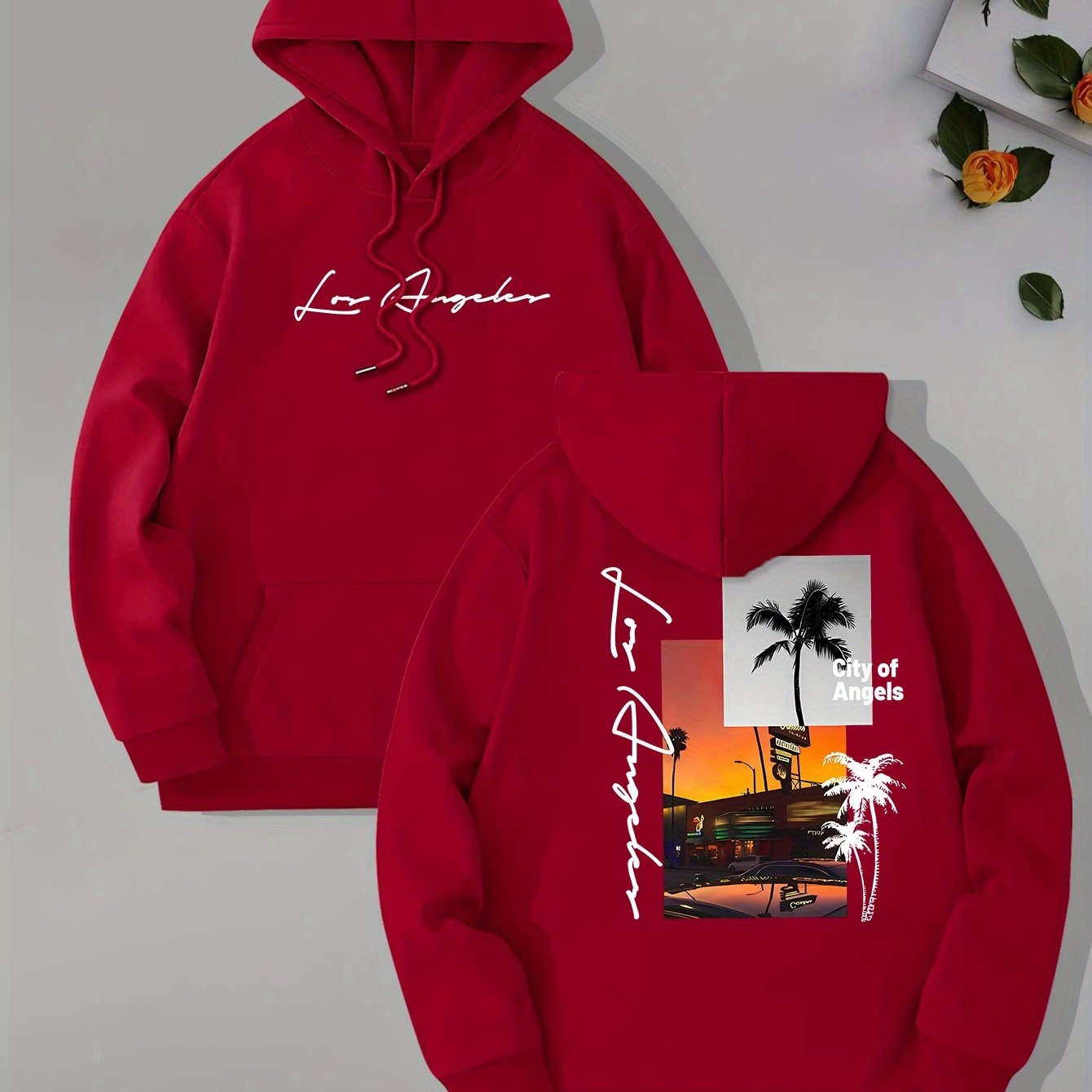 Beach Los Angeles Print Men's Pullover Hoodie, Kangaroo Pocket Long Sleeve Hooded Sweatshirt, Loose Casual Tops, Men's Clothes For Fall Winter