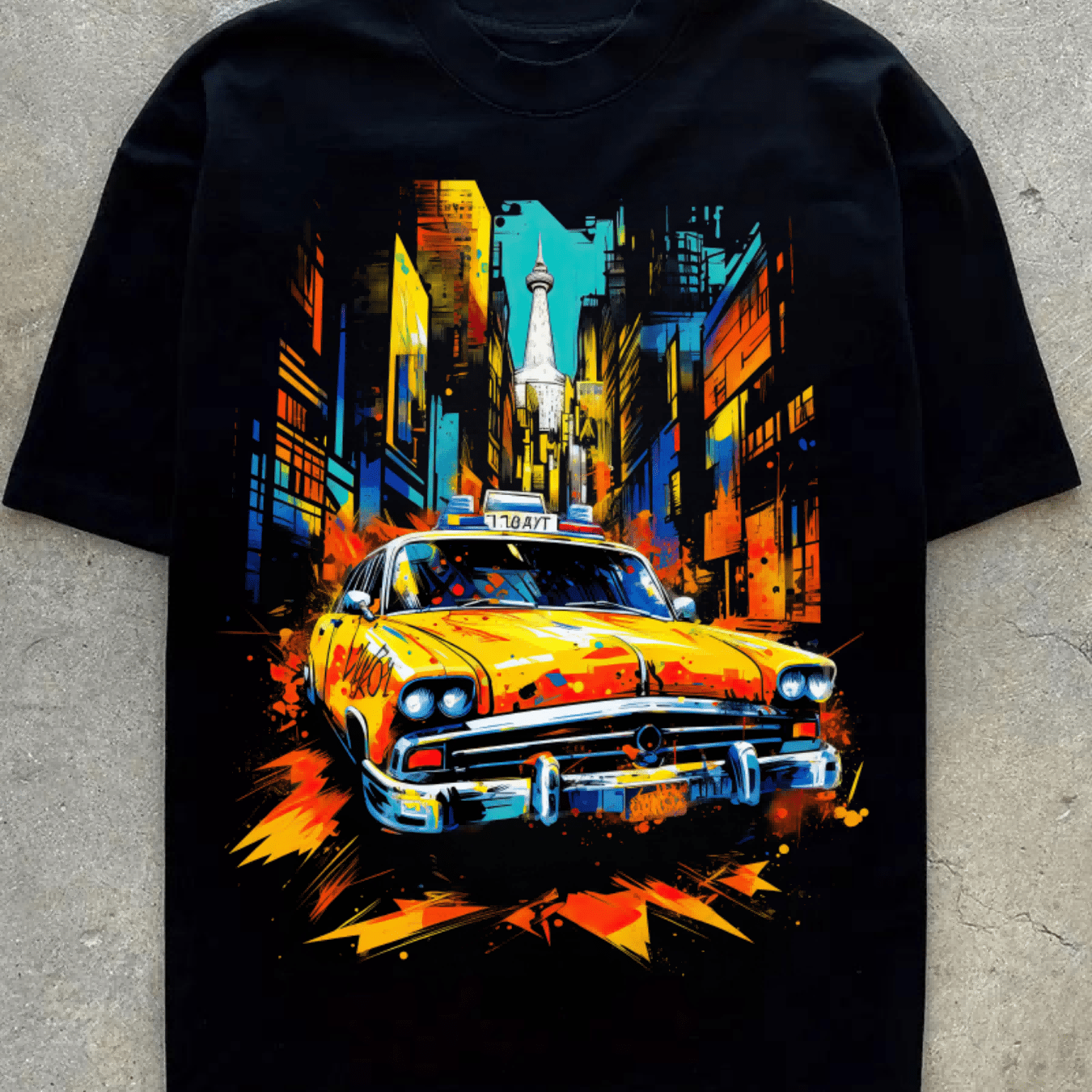 Yellow Taxi In City Blocks Print, Men's Novel Graphic Design T-shirt, Leisure Comfy Tees For Summer, Men's Clothing Tops For Daily Activities