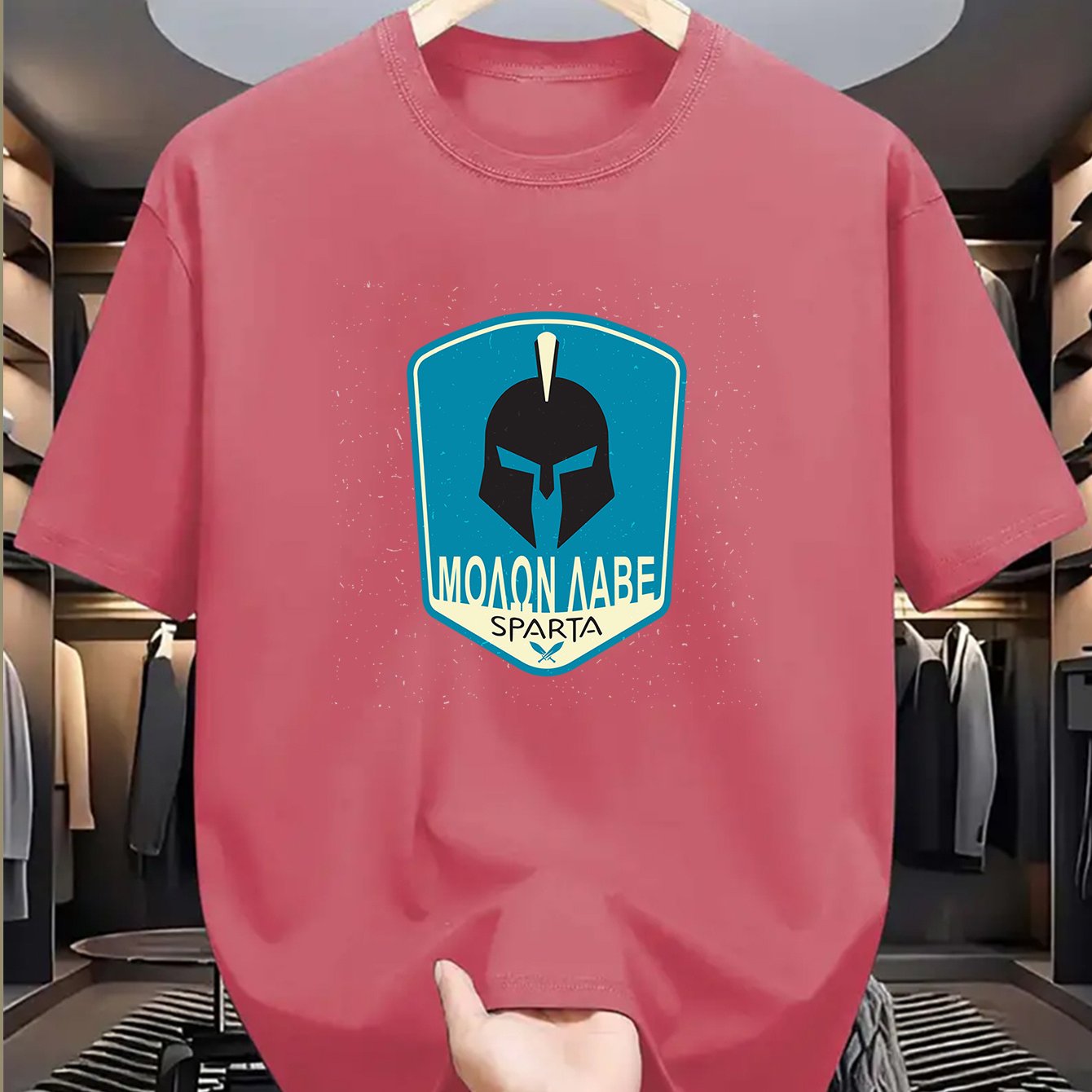 Men's SPARTA Graphic Tee - Beige Crew Neck Short Sleeve T-Shirt with Blue Spartan Helmet Design, 100% Polyester, Casual Summer Wear for Everyday & Special Occasions, Cool Oversized Tee Shirts