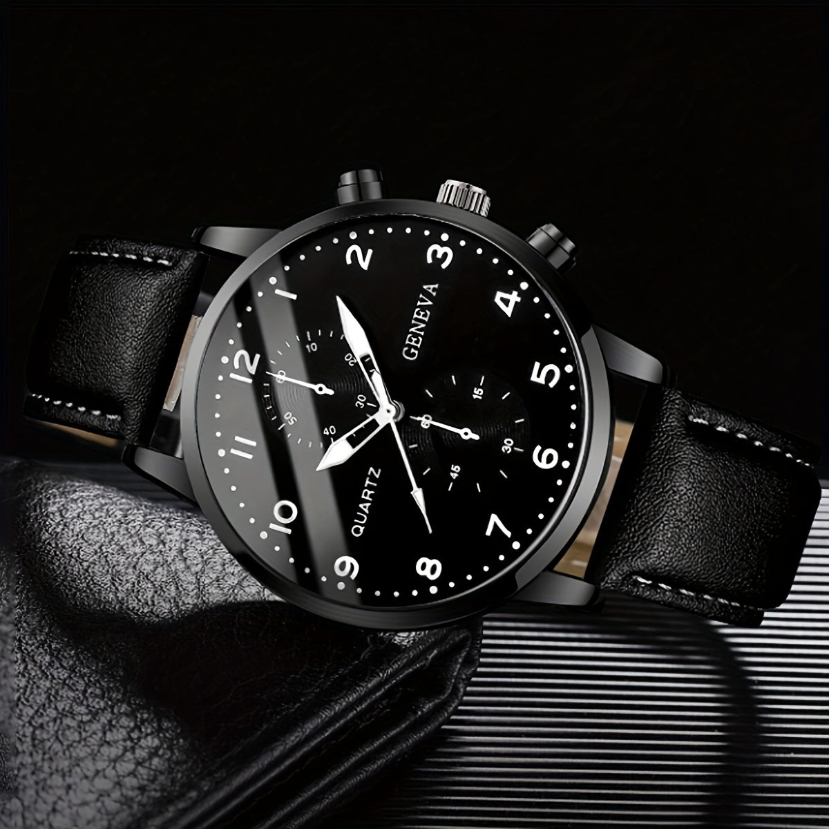 Middle East Ramadan Men Watch 1pc Men Black PU Leather Stainless Steel Case Casual Quartz Watch with 4pcs Bracelet Set Watch for Men Suitable for Men Party Holiday Birthday Wear Or As Brother The Best Gift for A Man No Box