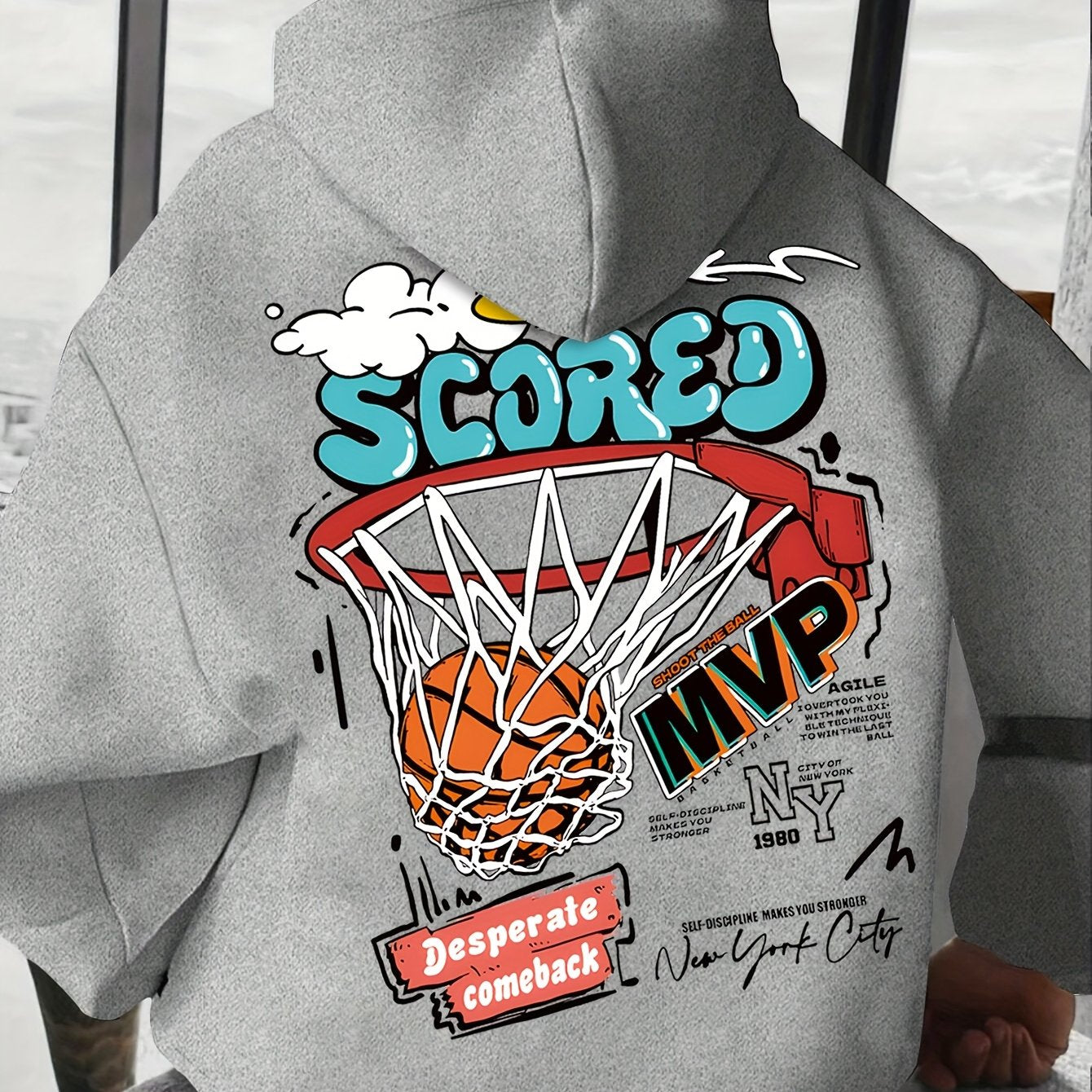 Men's Basketball Print Fleece-Lined Hoodie - Casual & Trendy, Loose Fit with Pockets for Fall/Winter