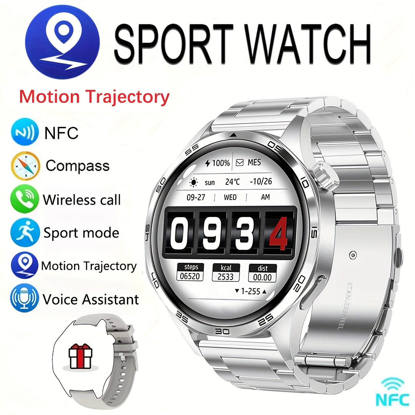 New Watch 5 Pro Smartwatch With 1.53-inch High-definition Screen, Voice Calling, Wireless Calling, NFC Access Control, Outdoor Sports Trajectory Smartwatch With Voice Assistant, Compass, Pedometer, Suitable For Android/iPhone