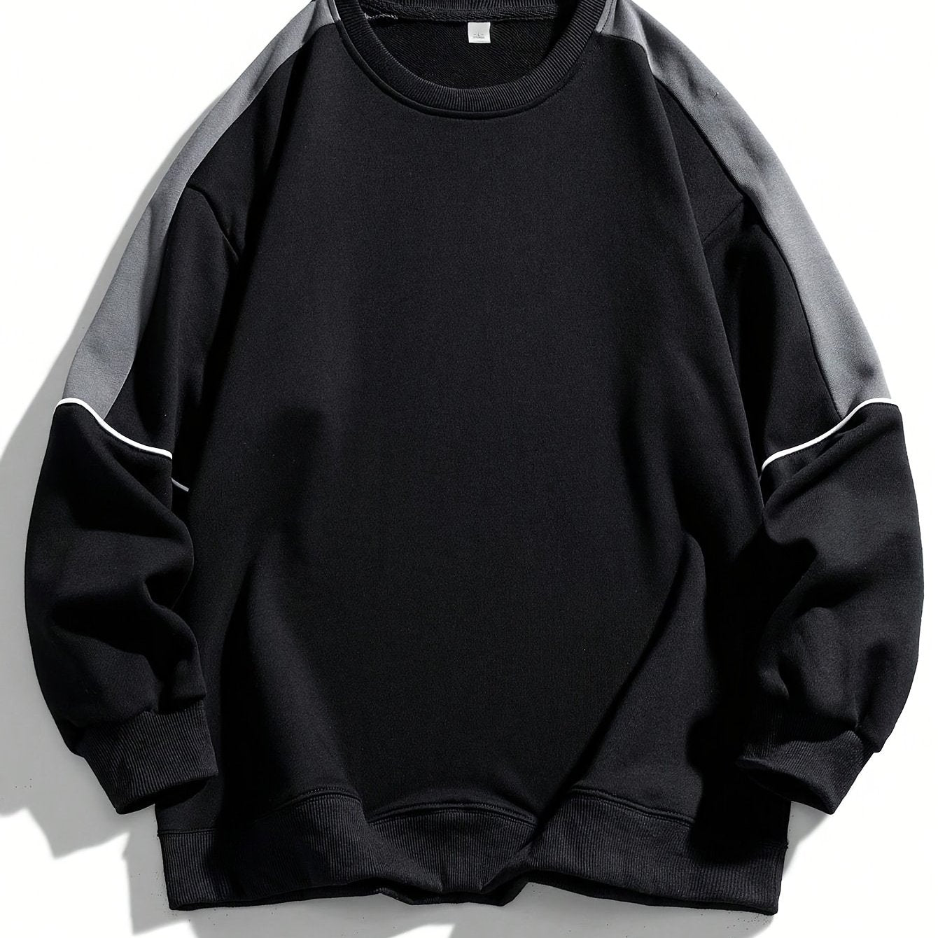 1pc Men'S Fashion Color Block Crew Neck Sweatshirt, Casual High-Weight Long Sleeve Pullover with Contrast Shoulder Sleeves, 100% Polyester Jersey Knit Fabric, Regular Fit