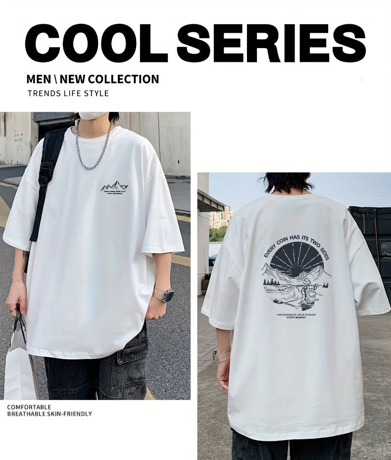 Men's Loose 100% Cotton Mountain Graphic Print T-shirt, Casual Short Sleeve Crew Neck Tee, Men's Clothing For Summer Outdoor
