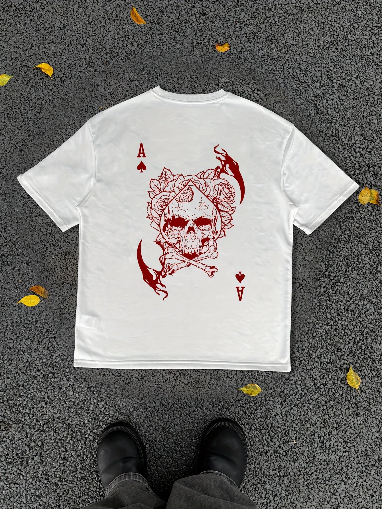 Men's Casual Hip-Hop Street Style Death Skull Ace of Spades Print T-Shirt - Loose Fit, Round Neck, Polyester Knit Fabric, Summer Collection