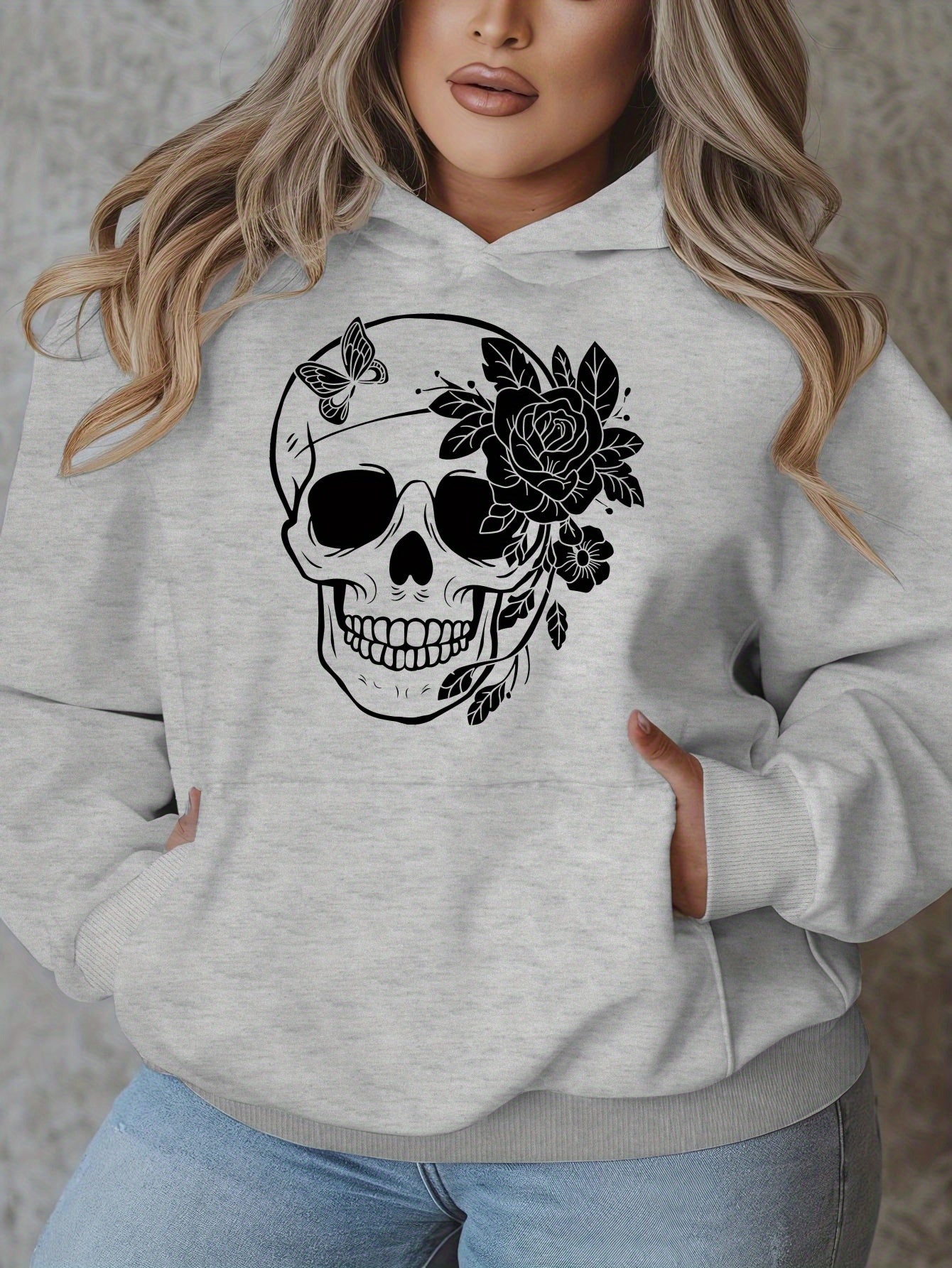 1pc Women'S Plus Size Casual Hoodie with Floral Skull Print, Polyester Knit Sweatshirt, Long Sleeve Pullover with Pockets, Letter Pattern, Round Neck Hooded Top, with Autumn/Winter Fashion
