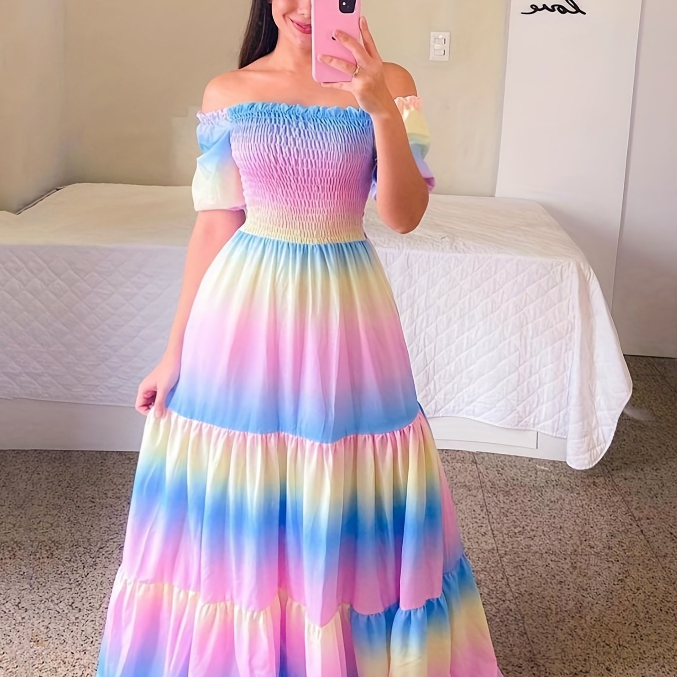 Gradient Print Tiered Dress, Casual Off Shoulder Shirred Party Dress, Women's Clothing