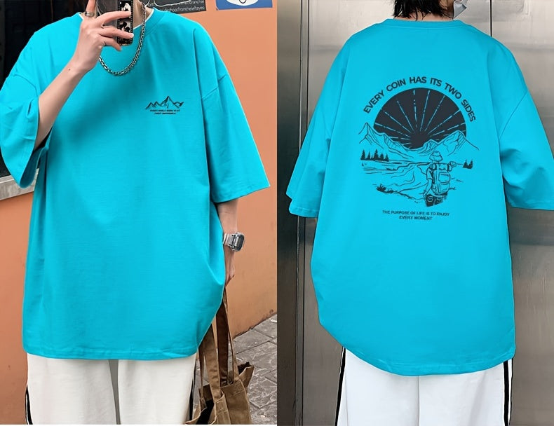 Men's Loose 100% Cotton Mountain Graphic Print T-shirt, Casual Short Sleeve Crew Neck Tee, Men's Clothing For Summer Outdoor