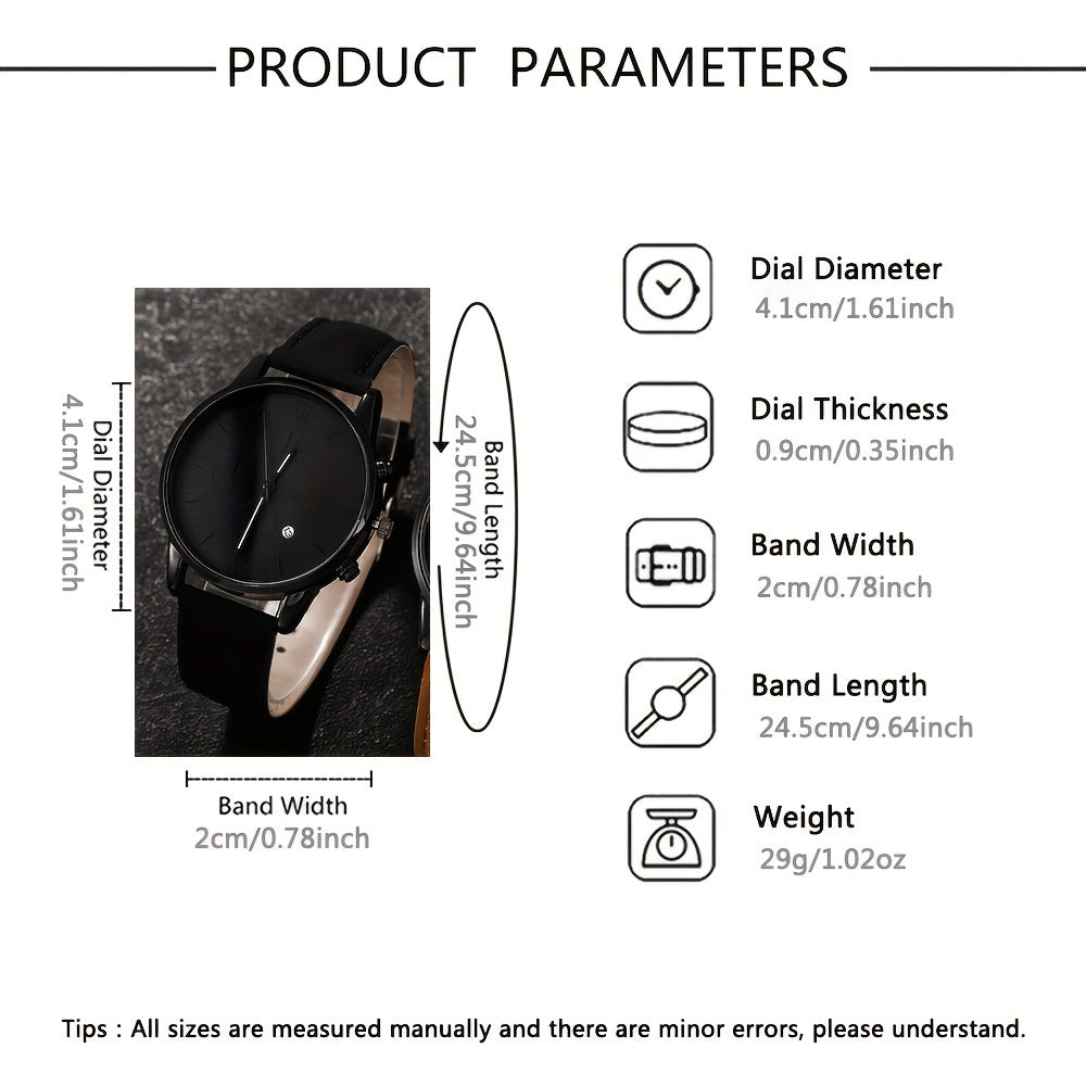 2-Piece Luxury Men's Leather Strap Quartz Watch Set with Calendar - Perfect Gift for School, Graduation, or Any Occasion - PU Leather Strap, Non-Waterproof, Analog Display, Alloy Case